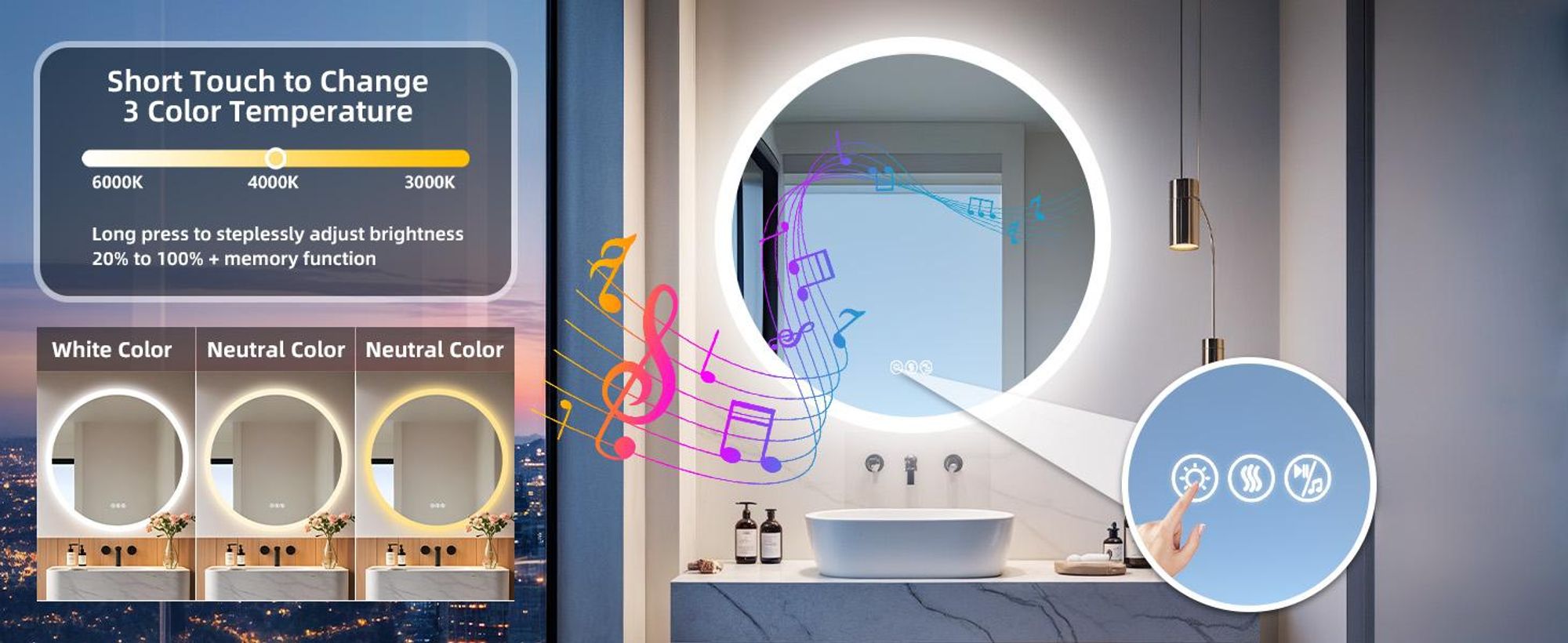 WISFOR LED Badspiegel mit Bluetooth Lautsprecher, 80×80cm Badezimmerspiegel mit Beleuchtung 3 Lichtfarbe, LED Wandspiegel dimmbar beschlagfrei, Touchs