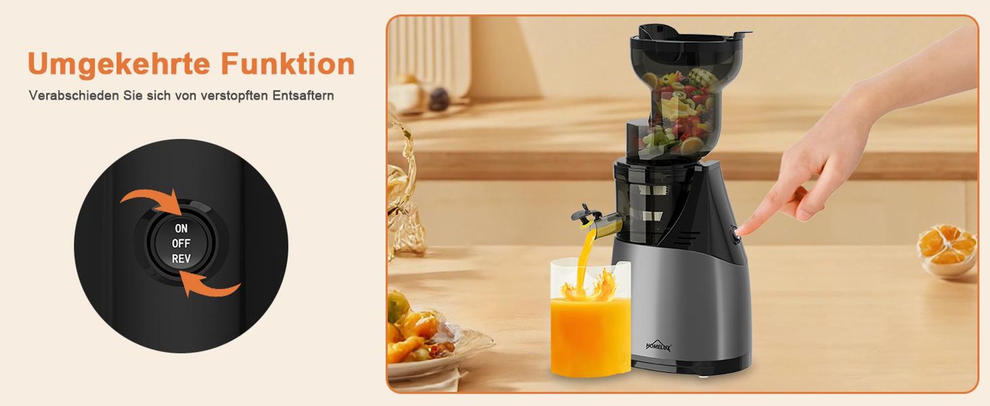 HOMELUX Entsafter 140 MM Slow Juicer 150W Einfüllschacht für Ganze Gemüse und Obst Kaltentsafter Elektrische mit 2 Tassen Reinigungsbürste, Silber