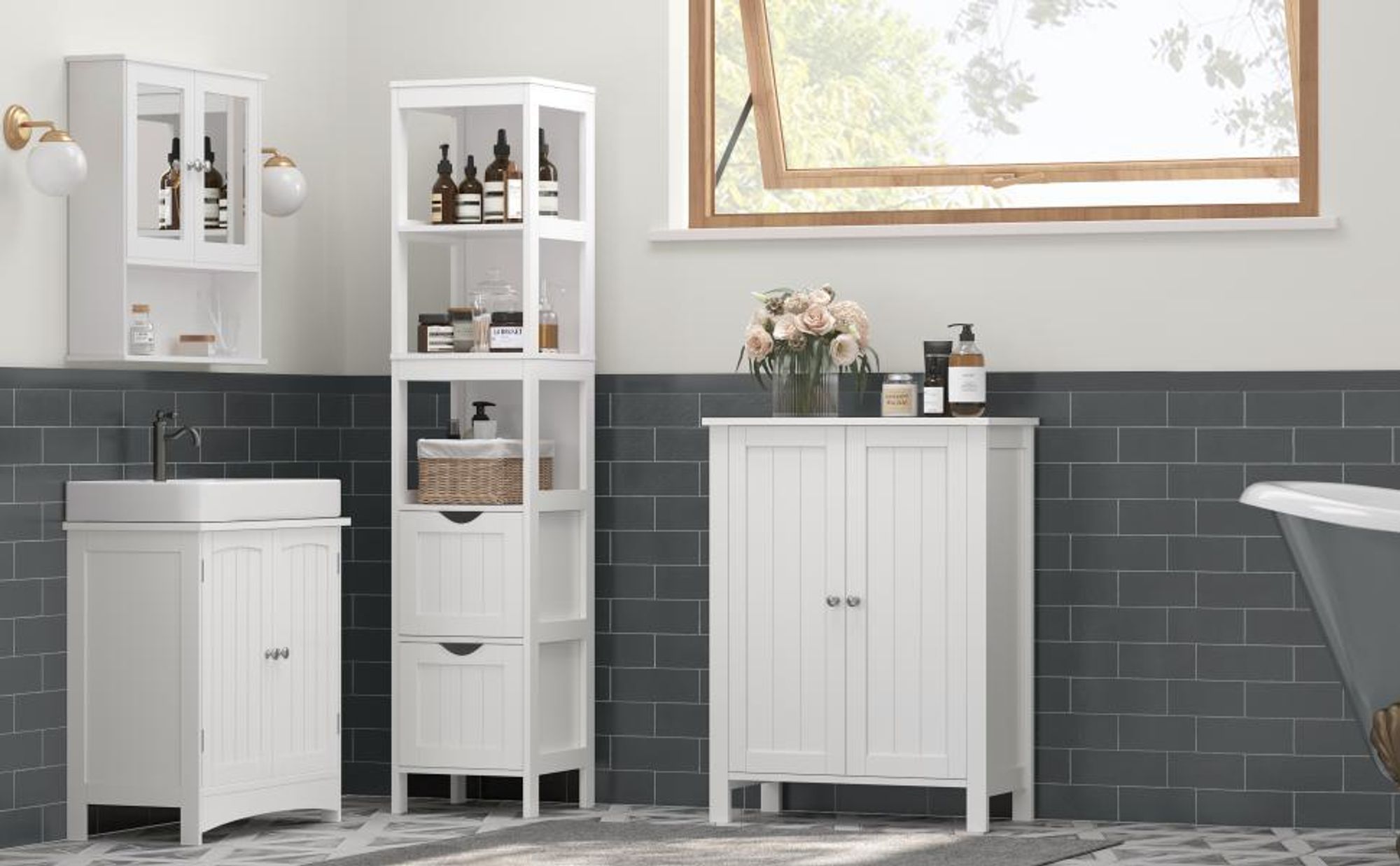 VASAGLE Hochschrank Badezimmer, Badezimmerschrank schmal, 2 Schubladen, 3 offene Fächer, 30 x 30 x 141,5 cm, Weiß