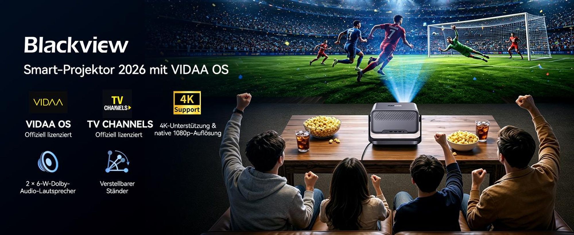 Blackview PV1000 Max, 1000 ANSI-Lumen, 1080p FHD, VIDAA OS, Dolby Audio 12W, 6-in-1 TOF AF, 40-150 Zoll, MT9660, WiFi 5+BT 5.0, AirPlay 2, 360° Gimbal