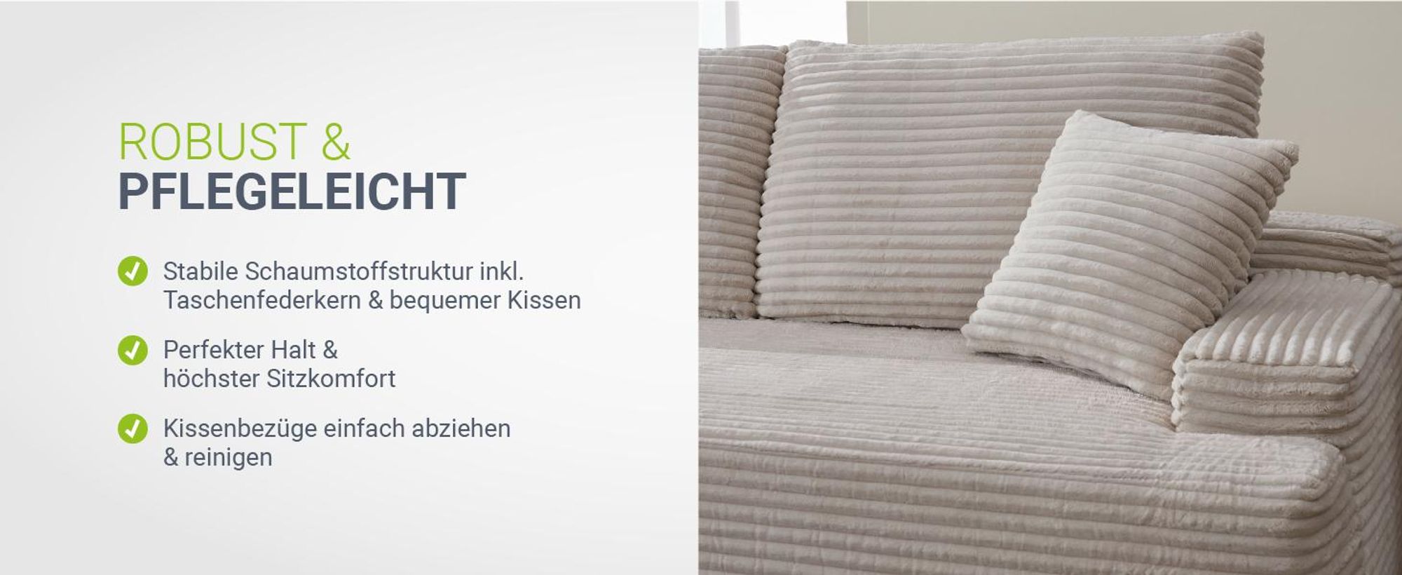 Juskys Sofa Coredo - Taupe, moderne Couch aus Cord mit Kissen, Ottomane links