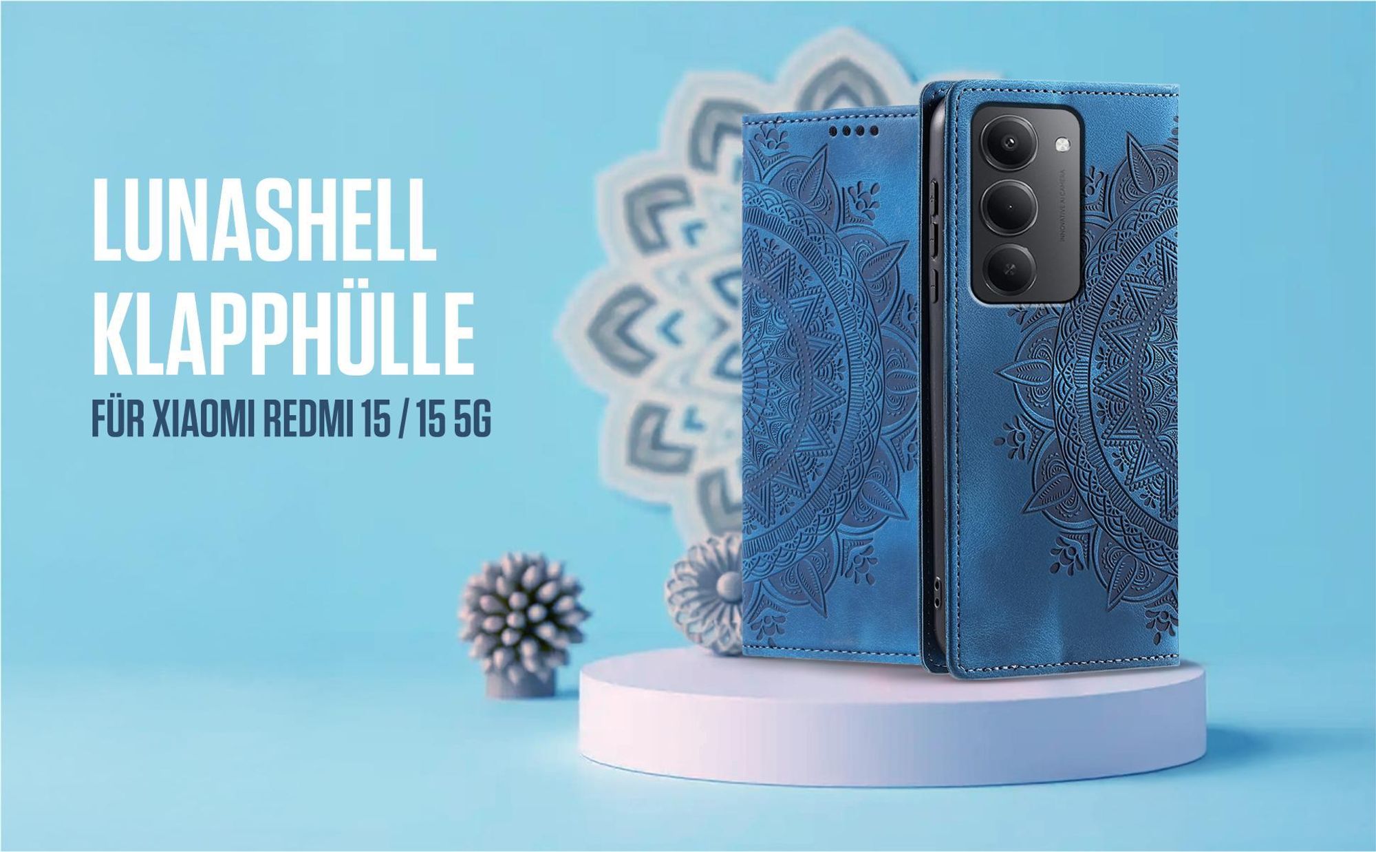 Blaue Klapphülle für Xiaomi Redmi 15 / 15 5G mit feiner Mandala Prägung