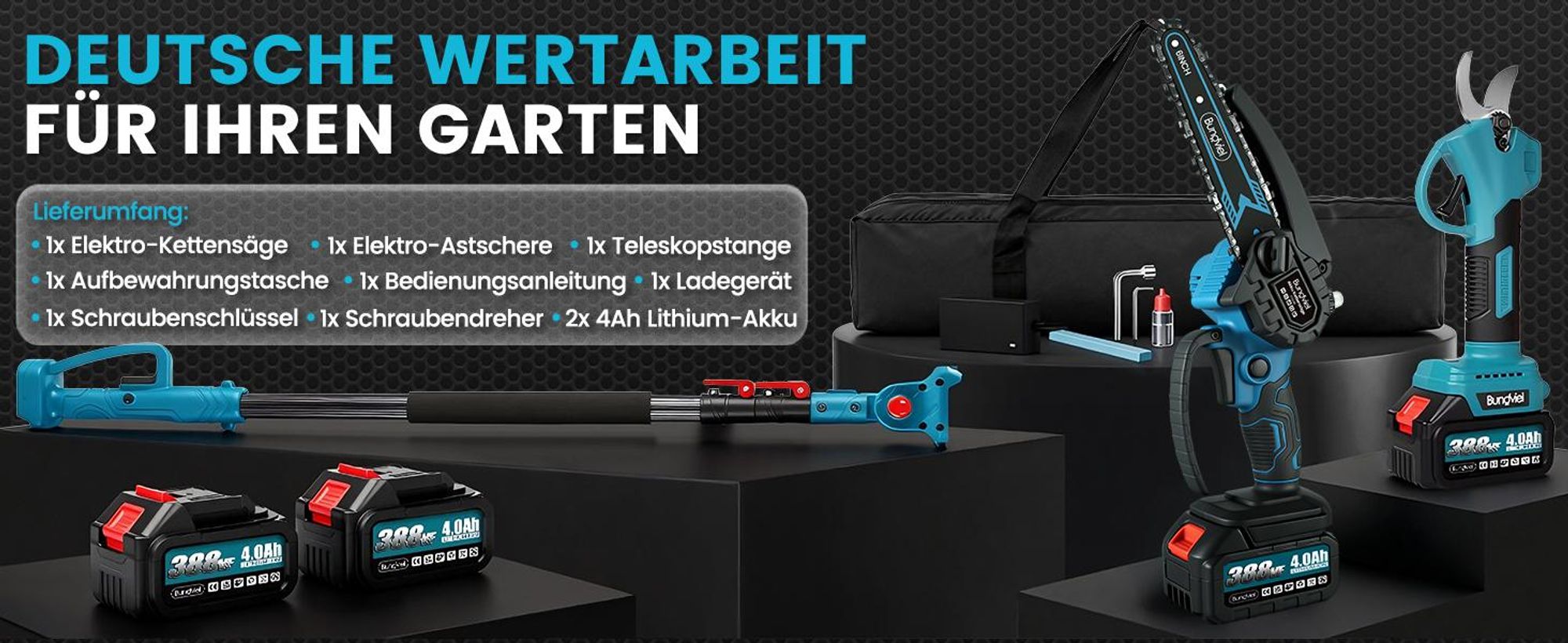 Akku Hochentaster 4-in-1 Bürstenloser Elektro Teleskop Hochentaster Astsäge Gartenschere mit 2× Akku, 2m Stangenlänge, Kompakte Hochentaster zum Baum