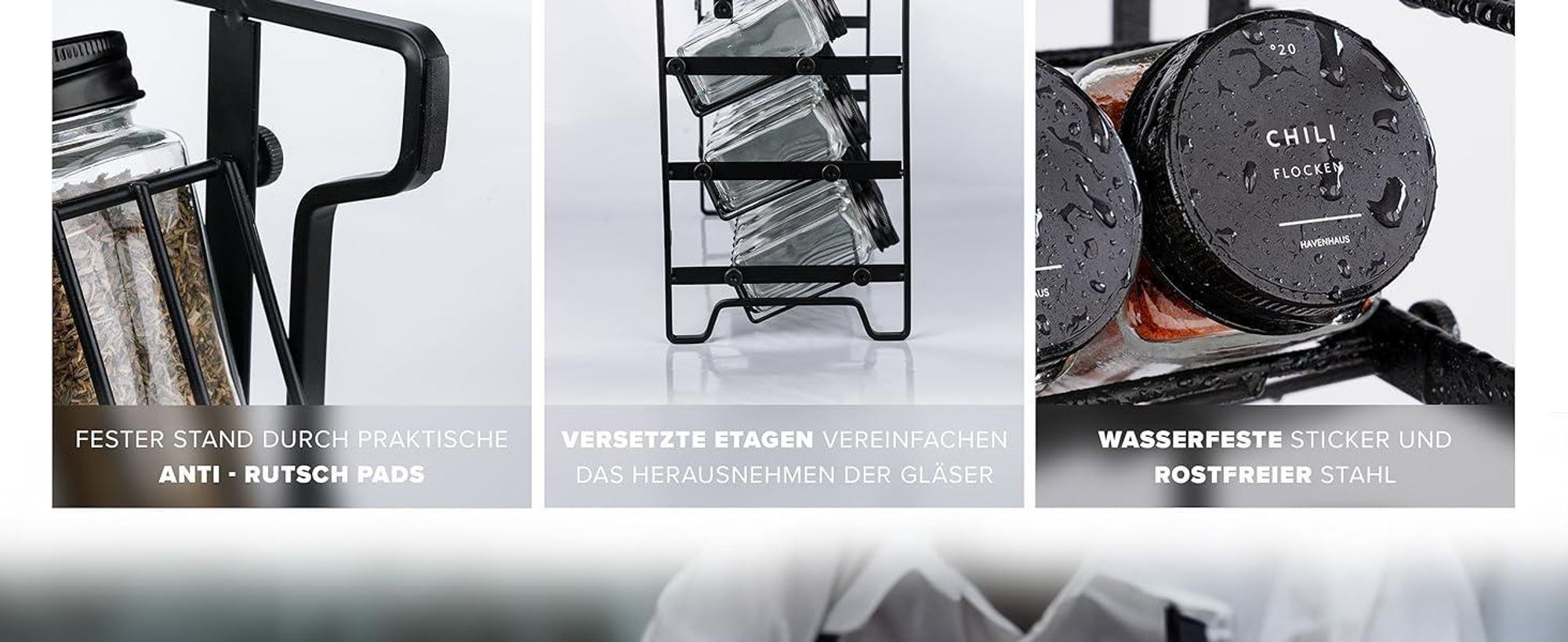 Gewürzregal Set Schwarz | Stehend oder Wandmontage | 24 Gewürzgläser + 336 Gewürzetiketten Deutsch & Accessoires | Modernes Design | Lebensmittelecht