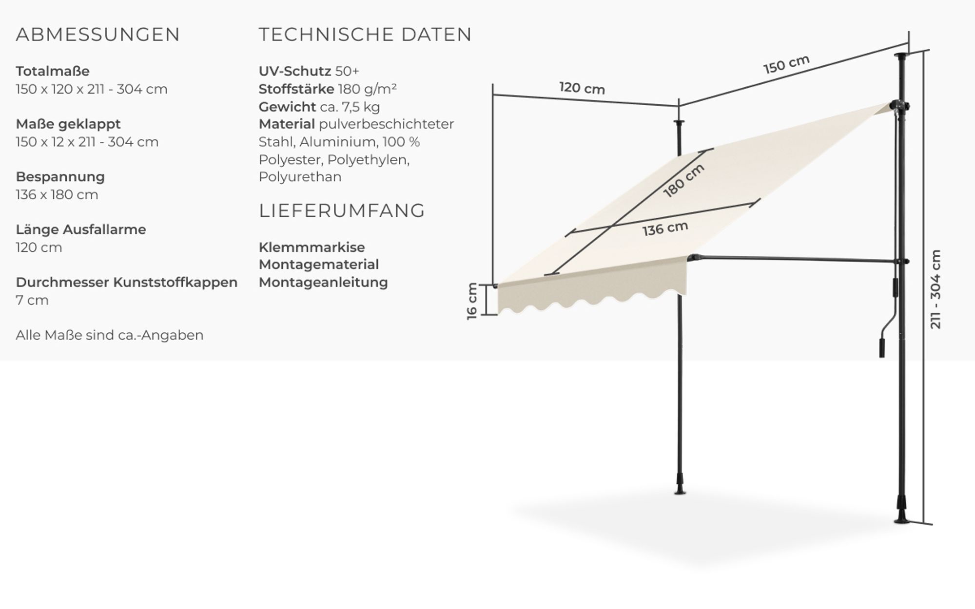tectake® Klemmmarkise mit Handkurbel einfache Montage
