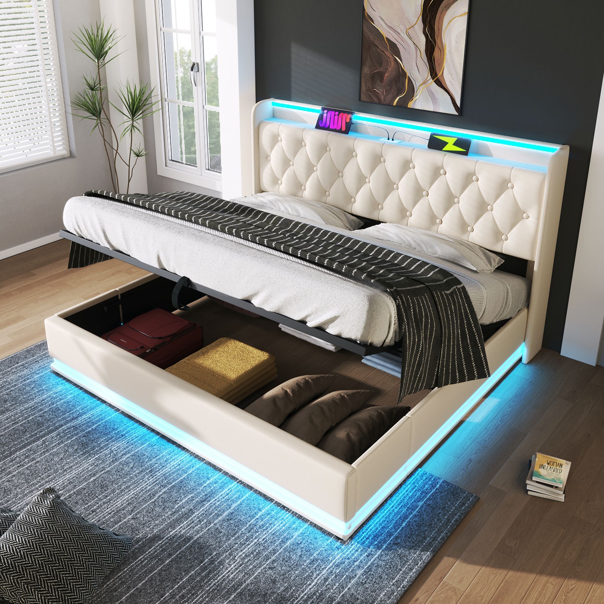 Flieks Polsterbett 180x200cm mit Ladefunktion (USB&Typ-c), Jugendbett Doppelbett Stauraumbett mit LED, Hydraulisches Boxspringbett, PU, Weiß