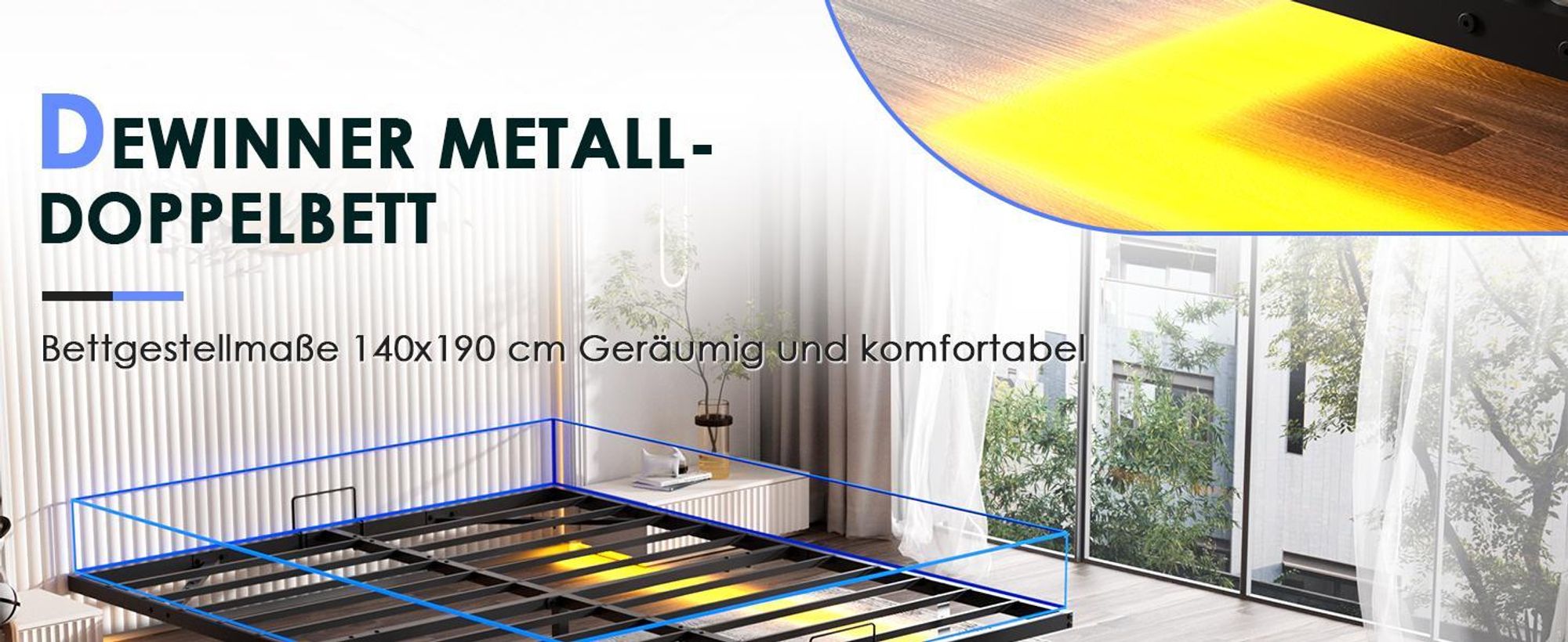 DEWINNER 180 x 200 cm Bettgestell (inkl. Metall-Bettbrett), schwebendes Doppelbett mit LED-Beleuchtung, stabiles Metall-Bettbrett, 20 cm Stauraum