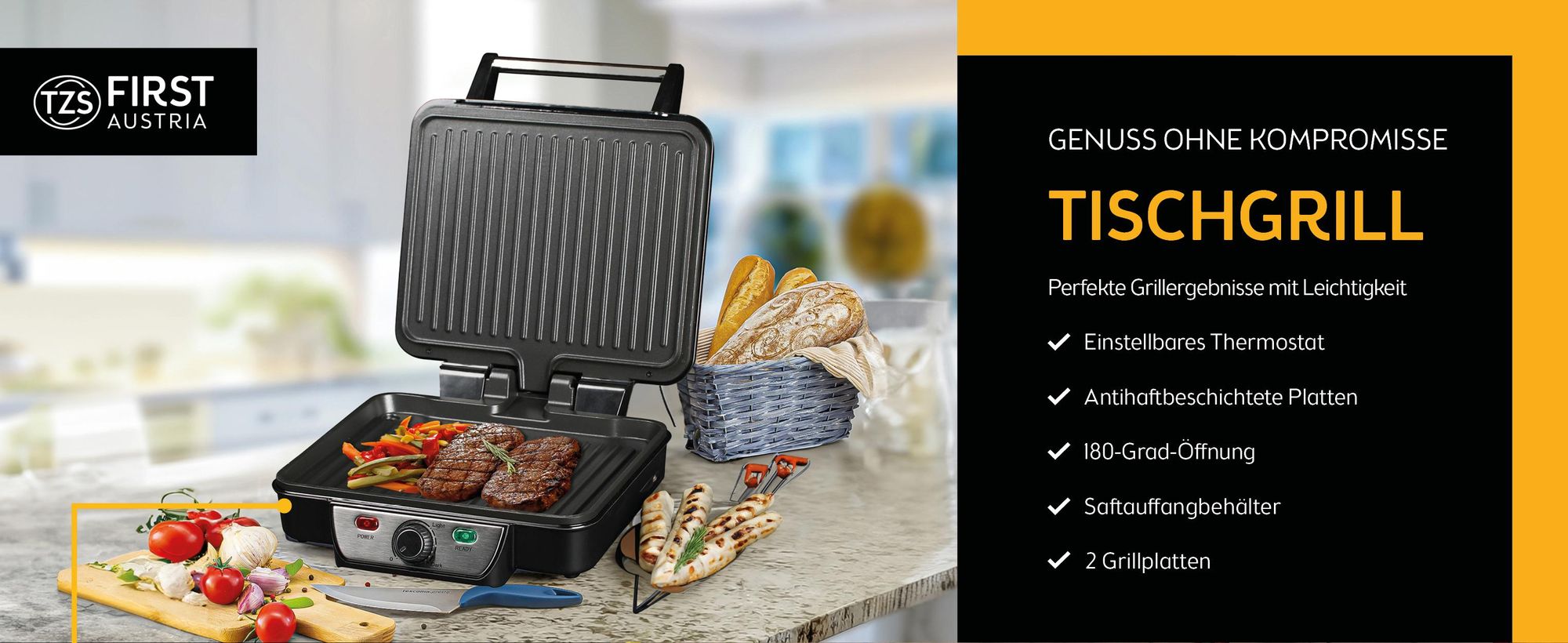 TZS First Austria Kontaktgrill , 1800W, Edelstahl, Panini Grill, Sandwichmaker, BPA frei, Klappbar, Elektrogrill