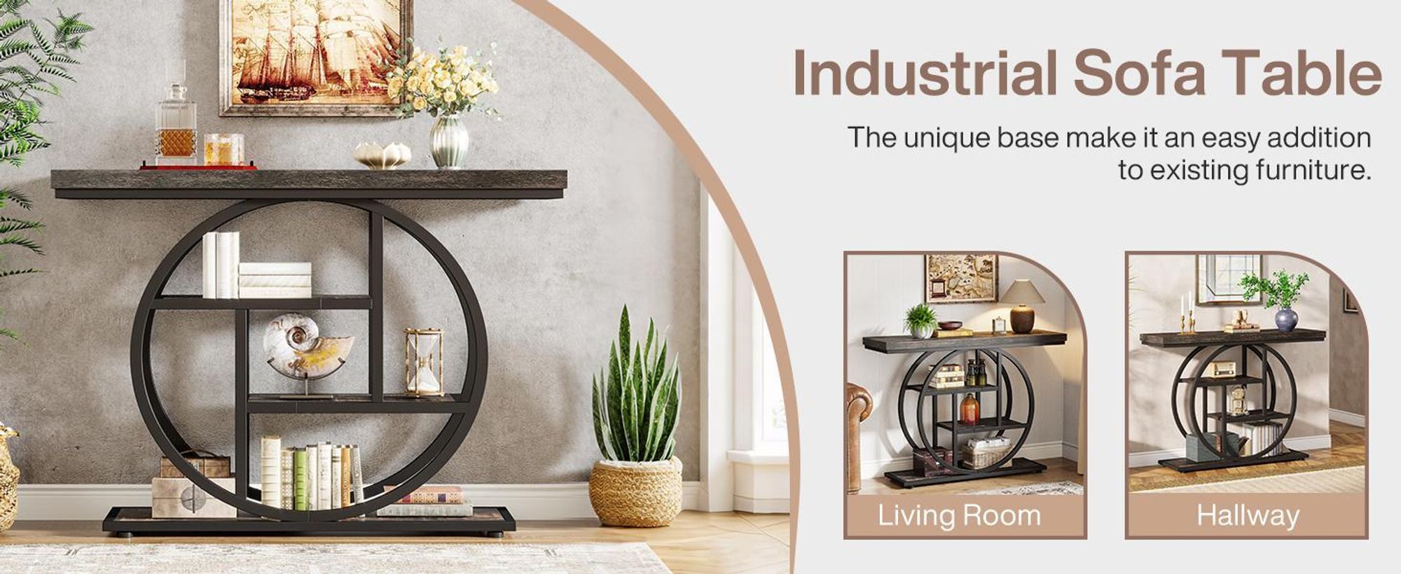Tribesigns Konsolentisch, 105 cm, industrieller 4-stufiger Sofatisch, Eingangstisch runder Basis, schmale Akzenttisch Holz Flur, Anthrazitschwarz