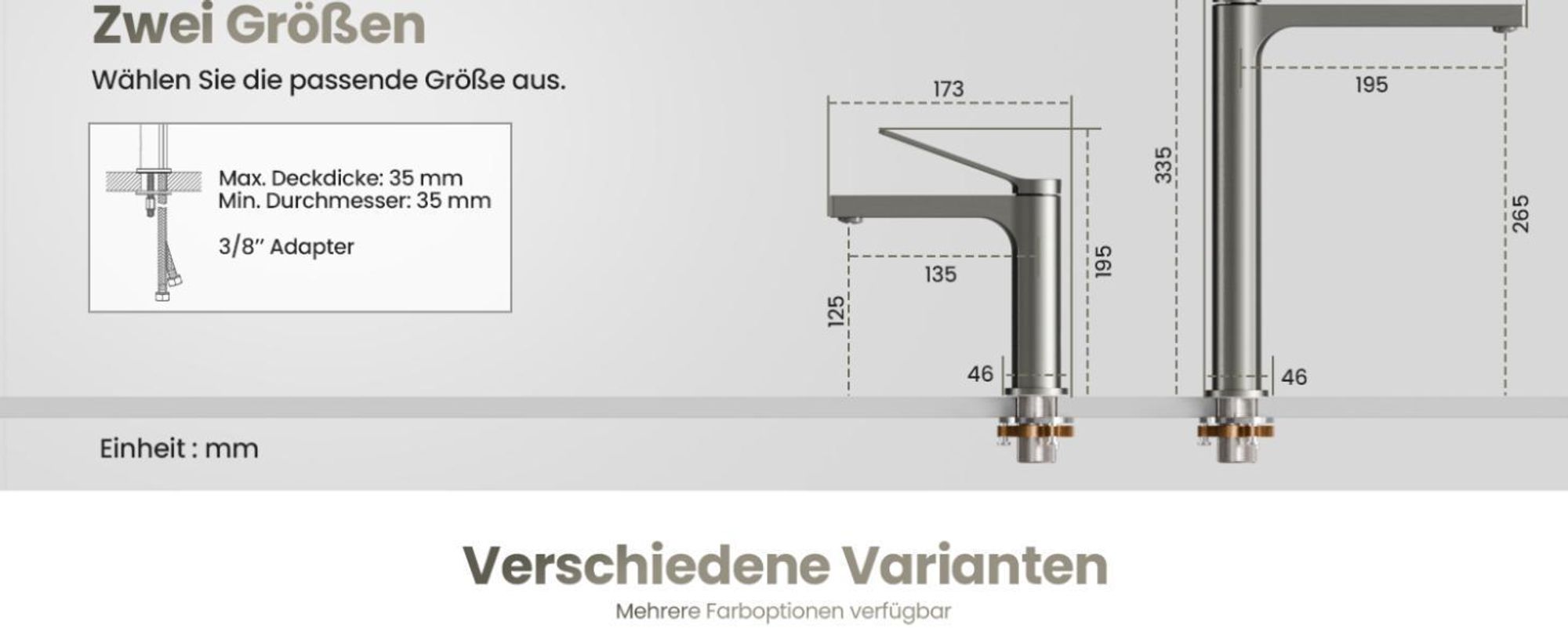 EMKE Wasserhahn Bad Anthrazit Matt 195x173x46mm, Messing, Keramikkartusche, Badarmatur, Mischbatterie Waschbecken-Armatur, Waschtischarmatur