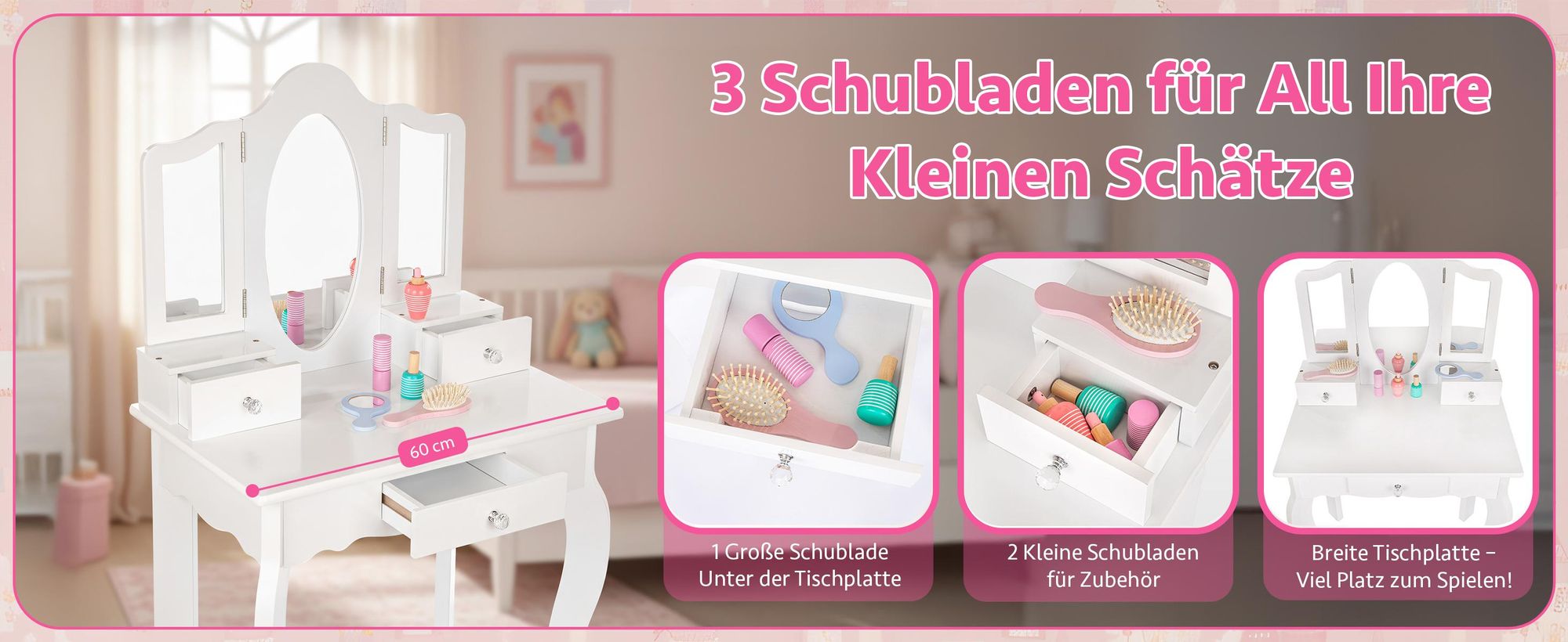 Kinderschminktisch Holz Weiß mit Spiegel & Hocker – Frisiertisch mit 3 Schubladen, Aufklebern & Tattoos, für Mädchen ab 3 Jahren, 60x39x105,5 cm