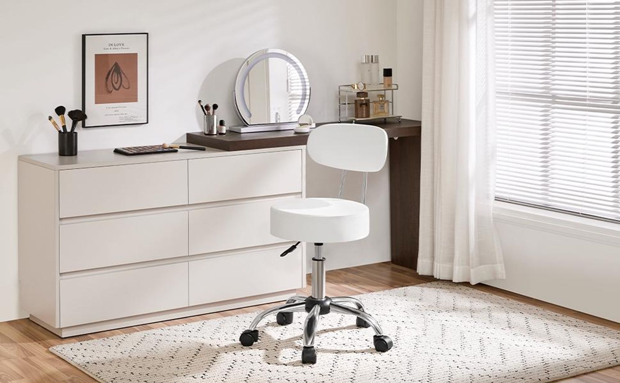 Yaheetech Drehhocker Rollhocker mit abnehmbaren Rückenlehnen, höhenverstellbarer Arbeitshocker, 75.5-85cm, mit Rollen, Weiß