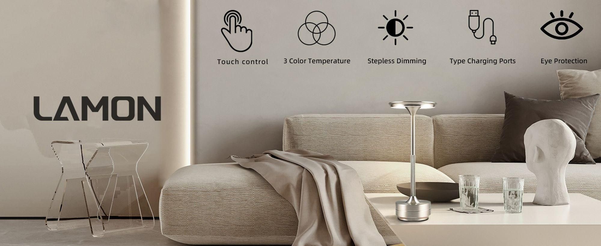 2er Set Kabellose Dimmbare LED Akku Tischleuchten, Touch Tischlampen, 3 Lichtfarben, Nachttischlampen für Wohnzimmer Schlafzimmer, Silber