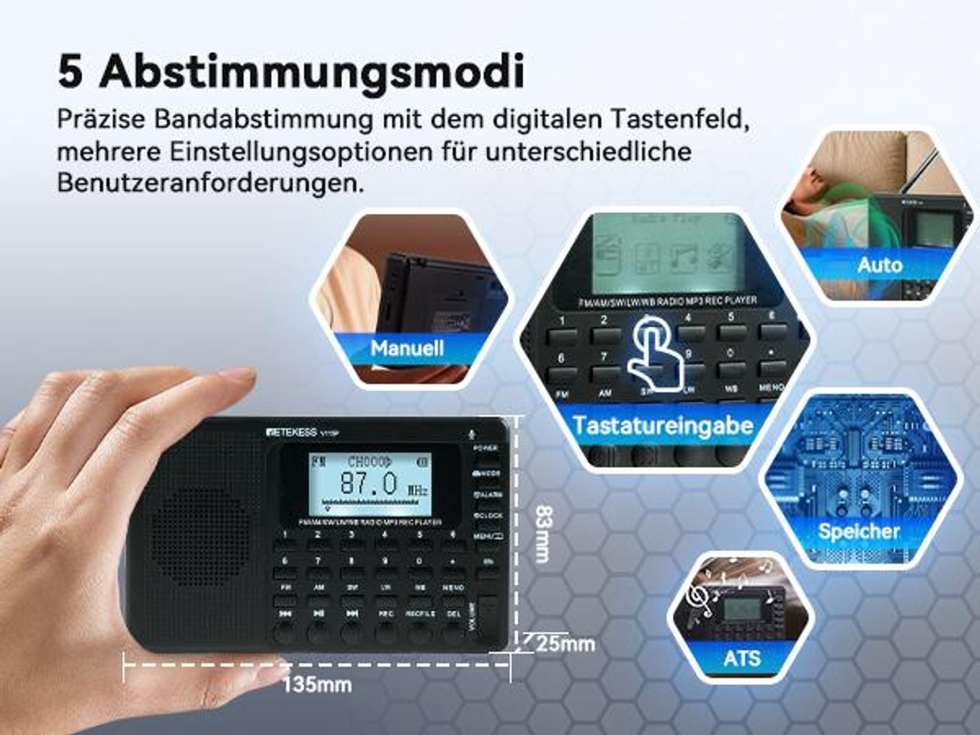 Retekess V115P Tragbares Digitales Radio, AM FM SW LW WB, 1800mAh, Taschenlampe, TF/AUX, Aufnahme, Taschenlampe, Sleep-Timer,für Notfälle, Camping
