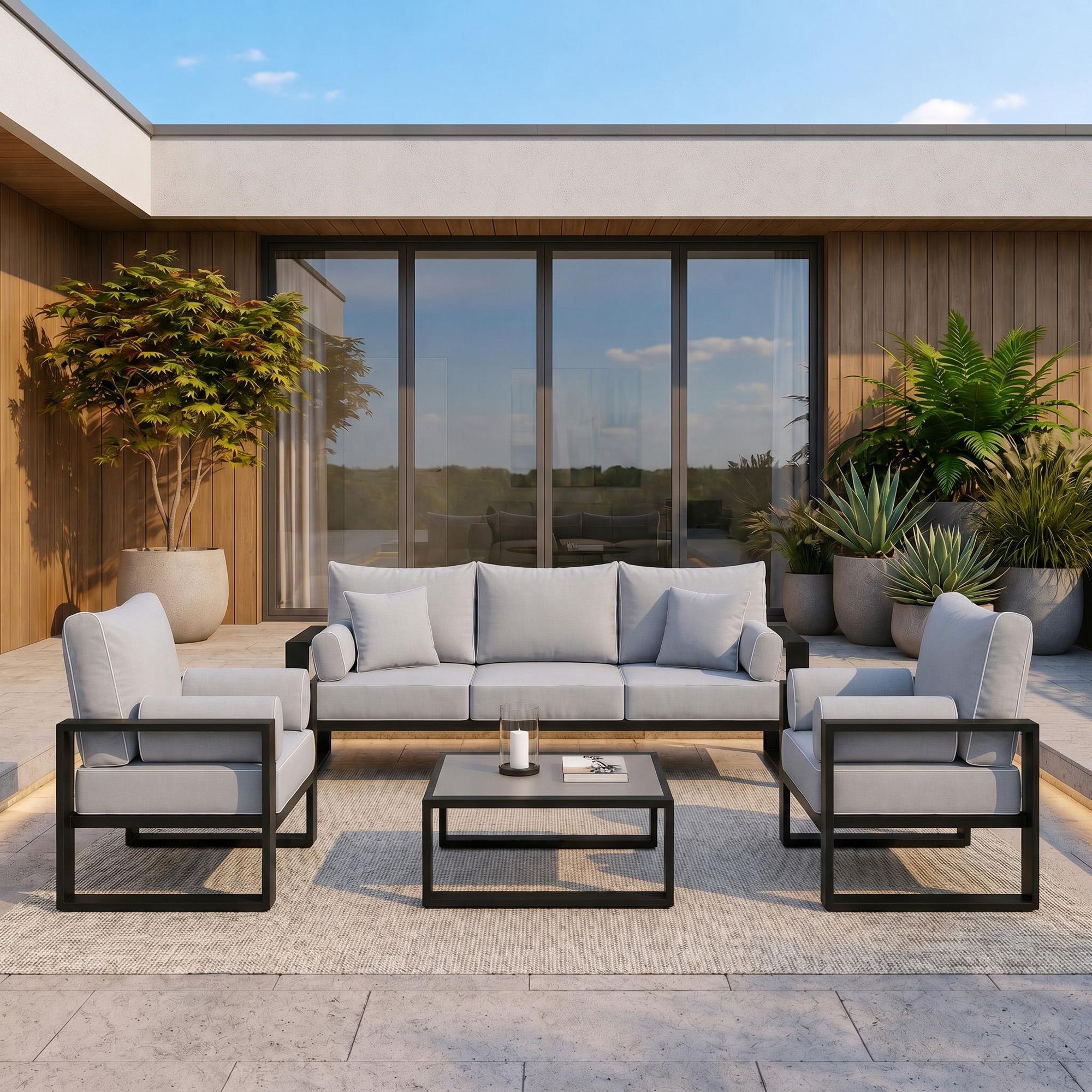 BEAUTYSOFA | VERDINO Gartensessel Grau – Gartenstuhl Lounge mit Metallrahmen, Outdoor Sessel wetterfest, Polyrattan SIMAX 03