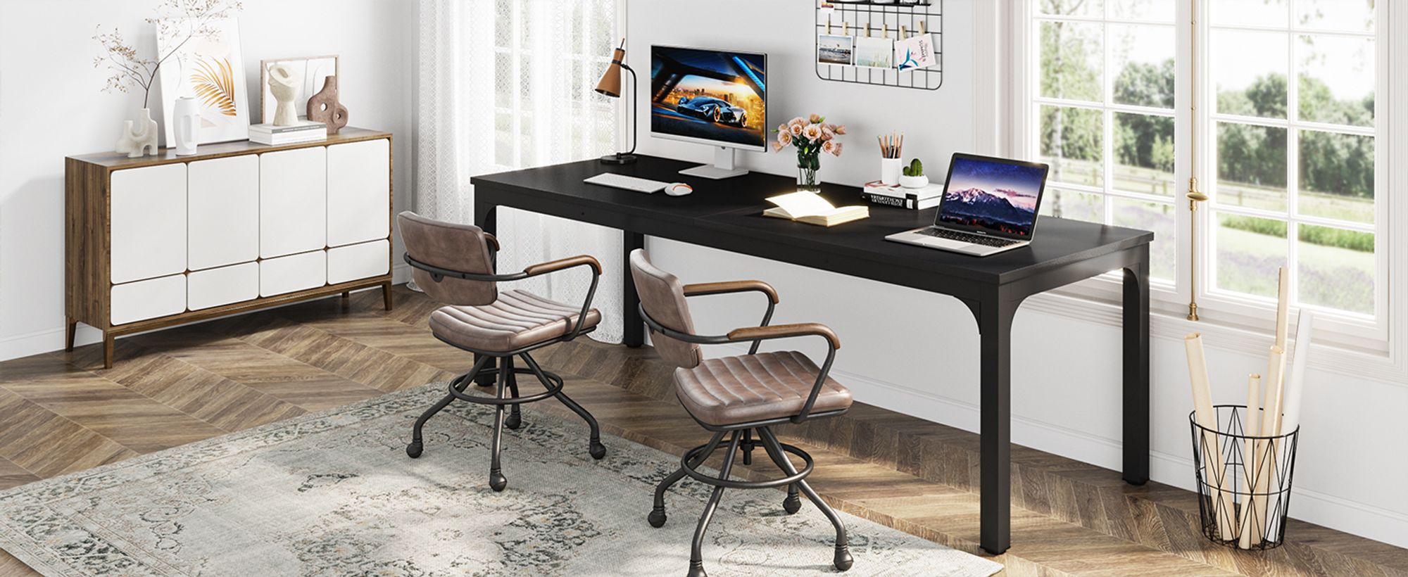 Tribesigns Schreibtisch Computertisch 200x70x 75 cm Doppelter langer Schreibtisch,PC Tisch Bürotisch Arbeitstisch Esstisch Büro-Möbel, Schwarz