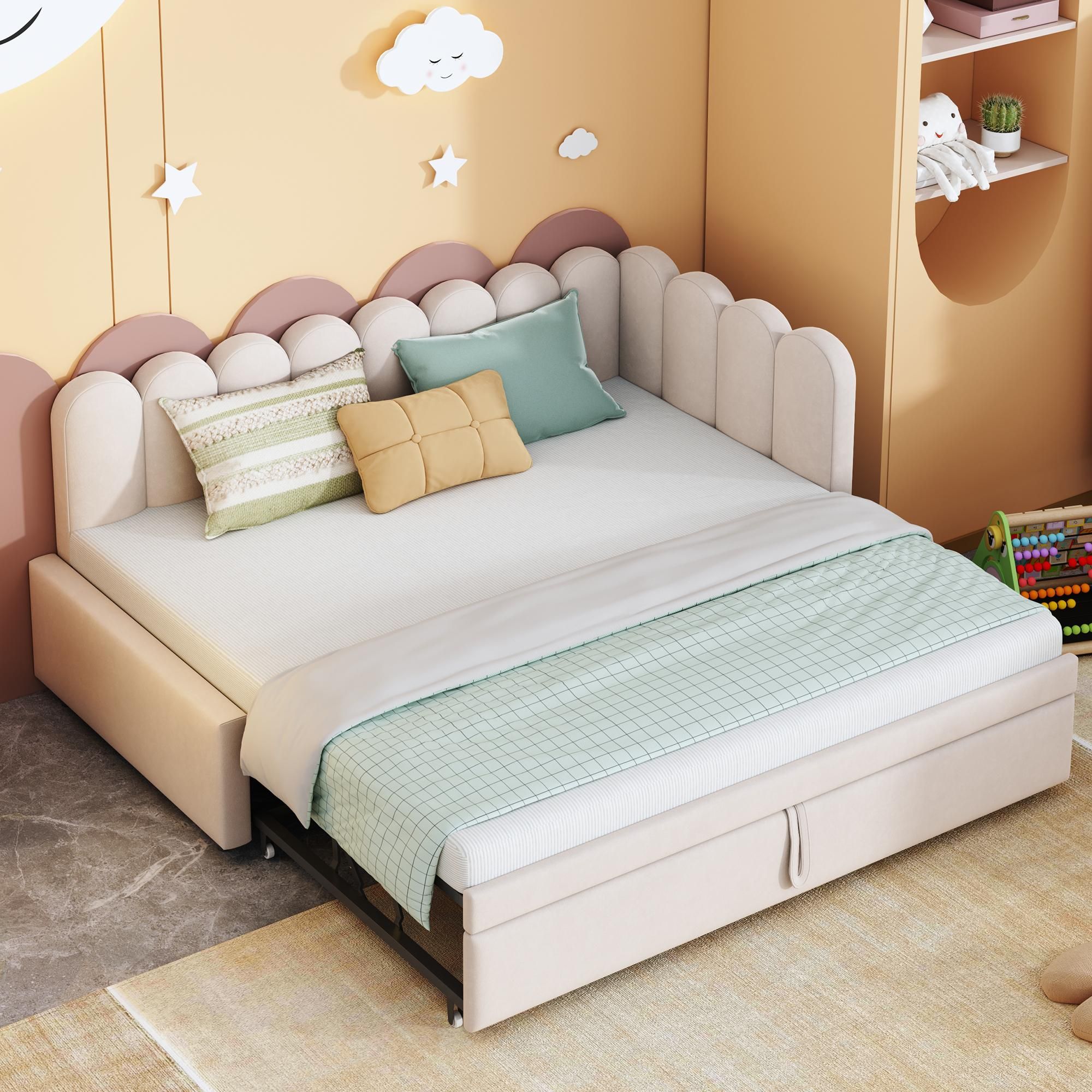 Merax Polsterbett L-Schlafsofa 2-in-1 Ausziehbar Einzelbett mit Lattenrosten, Doppelbett aus Samt, Push-Pull, Kinderzimmer, Gästezimmer, Beige