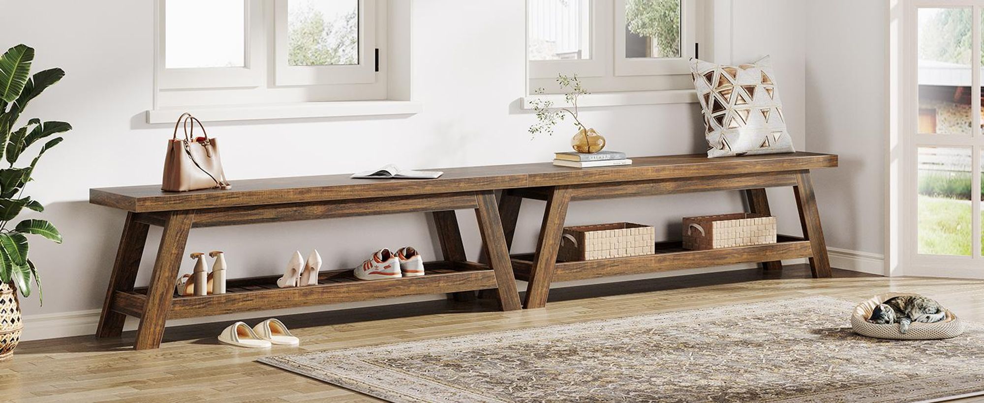 Banc de 140 cm avec espace de rangement pour chaussures, grande banquette en bois, banc étroit à deux niveaux, de style rustique, idéal pour un couloir, une cuisine ou une entrée
