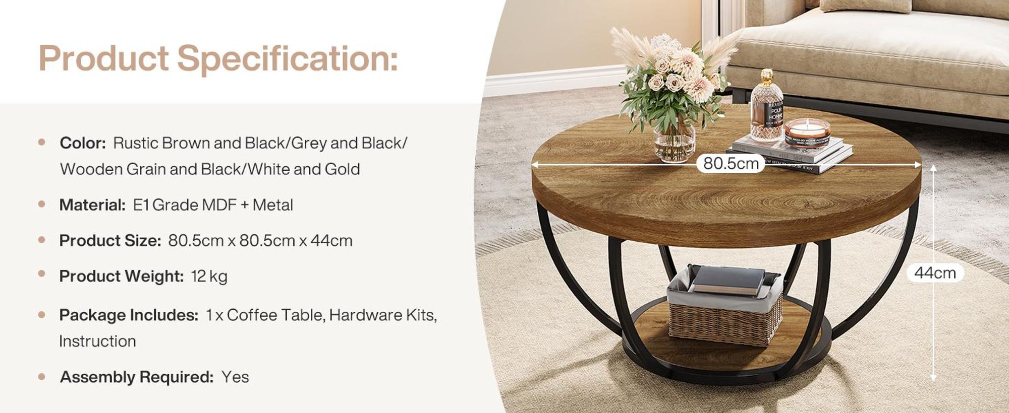 Tribesigns Runde Couchtisch, Industrial 2-Tier-Kreis Couchtisch mit Lagerung Regale, Moderne hölzerne Akzent Mitte Tisch Sofa Beistelltisch