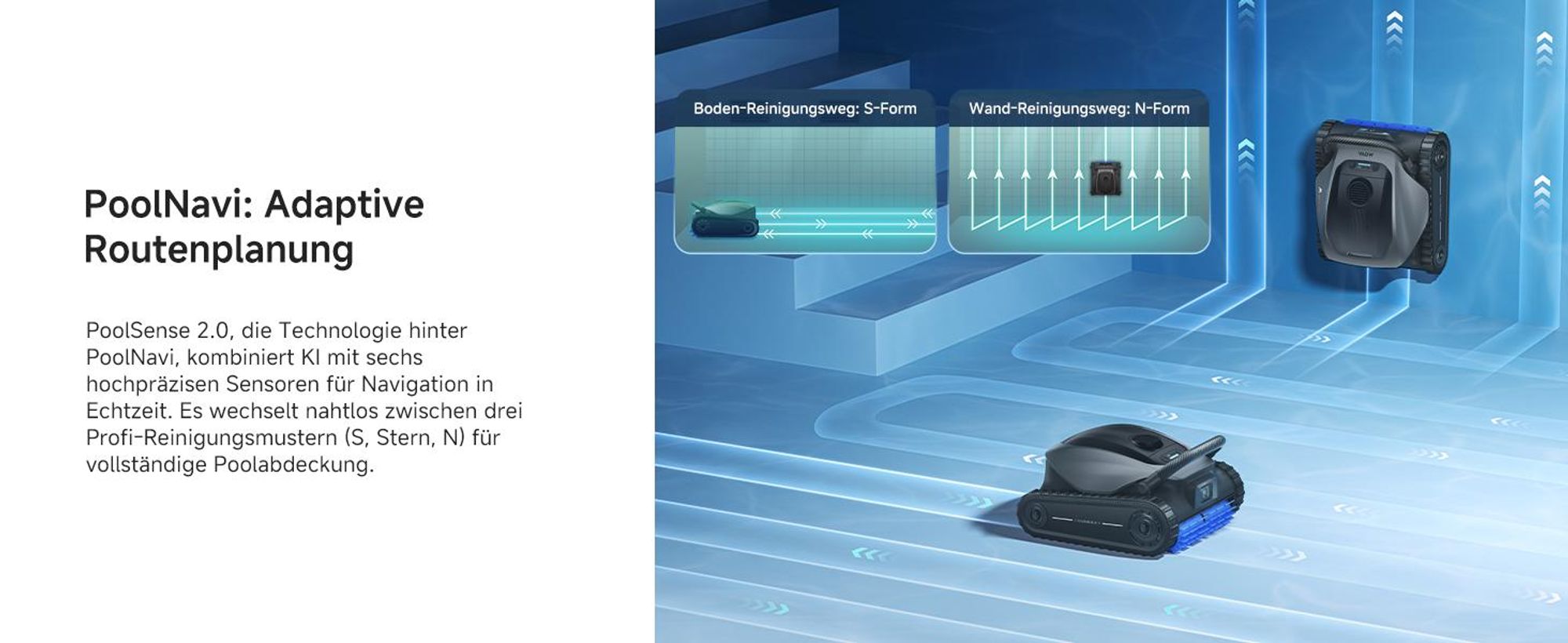 MOVA Diver A10 – Intelligenter Poolroboter, 22 700 L/h Saugleistung, 240 min Laufzeit, Doppel-Bürste, 8 IA-Modi