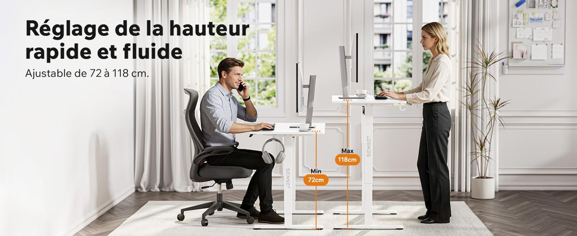 SENSE7 NOJO Light : piètement de bureau électrique réglable en hauteur | 72-118 cm, fonction mémoire, support pour casque, charge max. 70 kg, piètement en acier