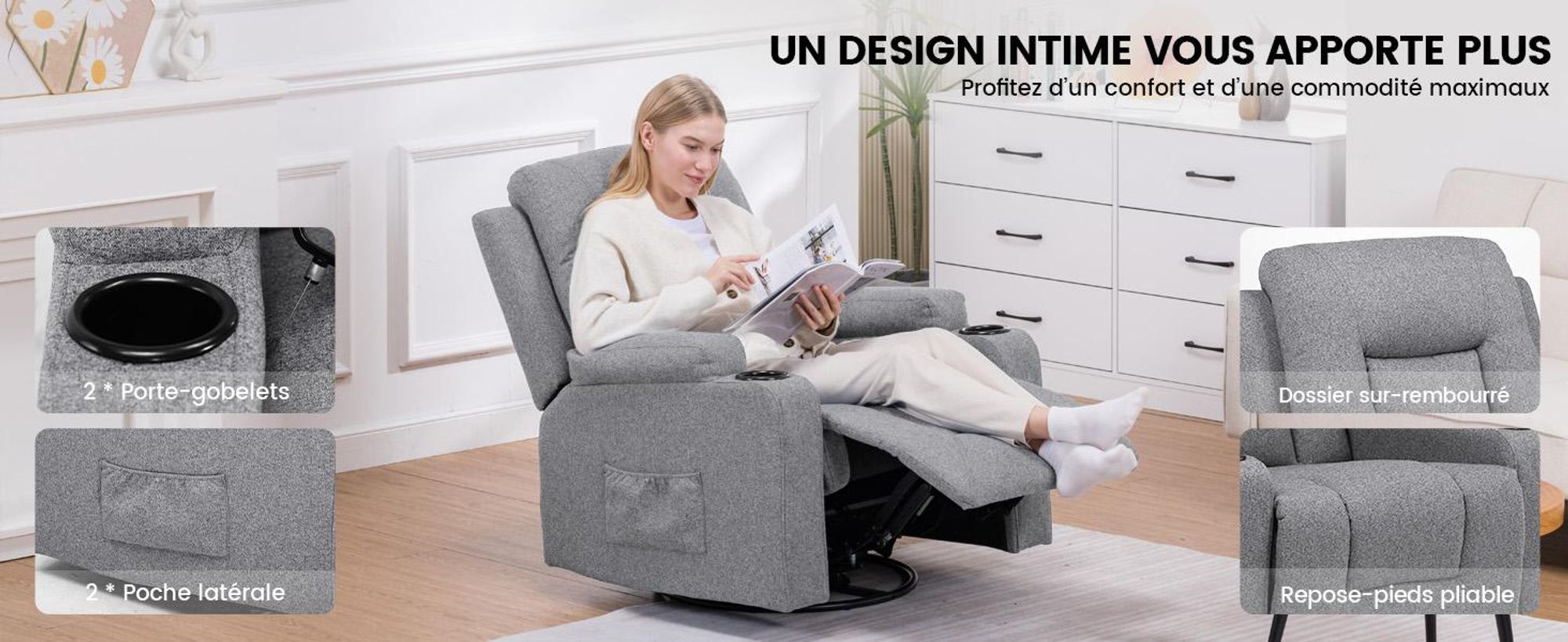 COMHOMA Fauteuil de relaxation Fauteuil TV en tissu avec fonction chaise longue Fauteuil TV réglable, Recliner Chair, gris foncé-tissu