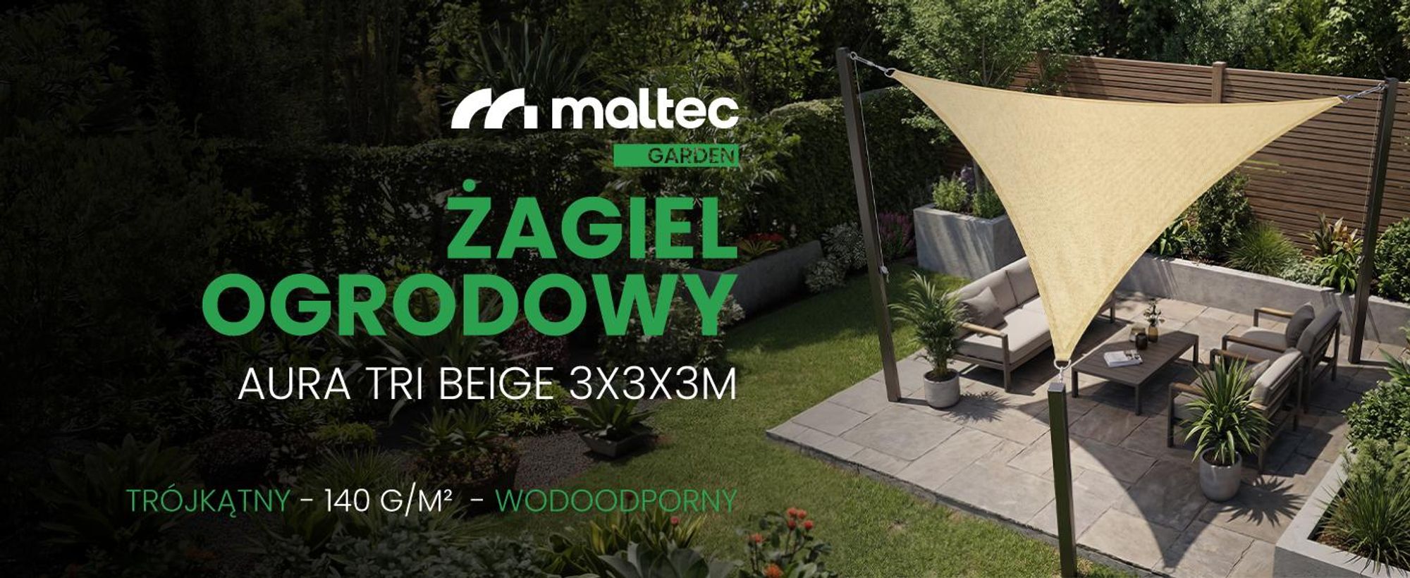 Beżowy trójkątny żagiel ogrodowy 3 na 3 na 3 metry na taras balkon patio wodoodporny