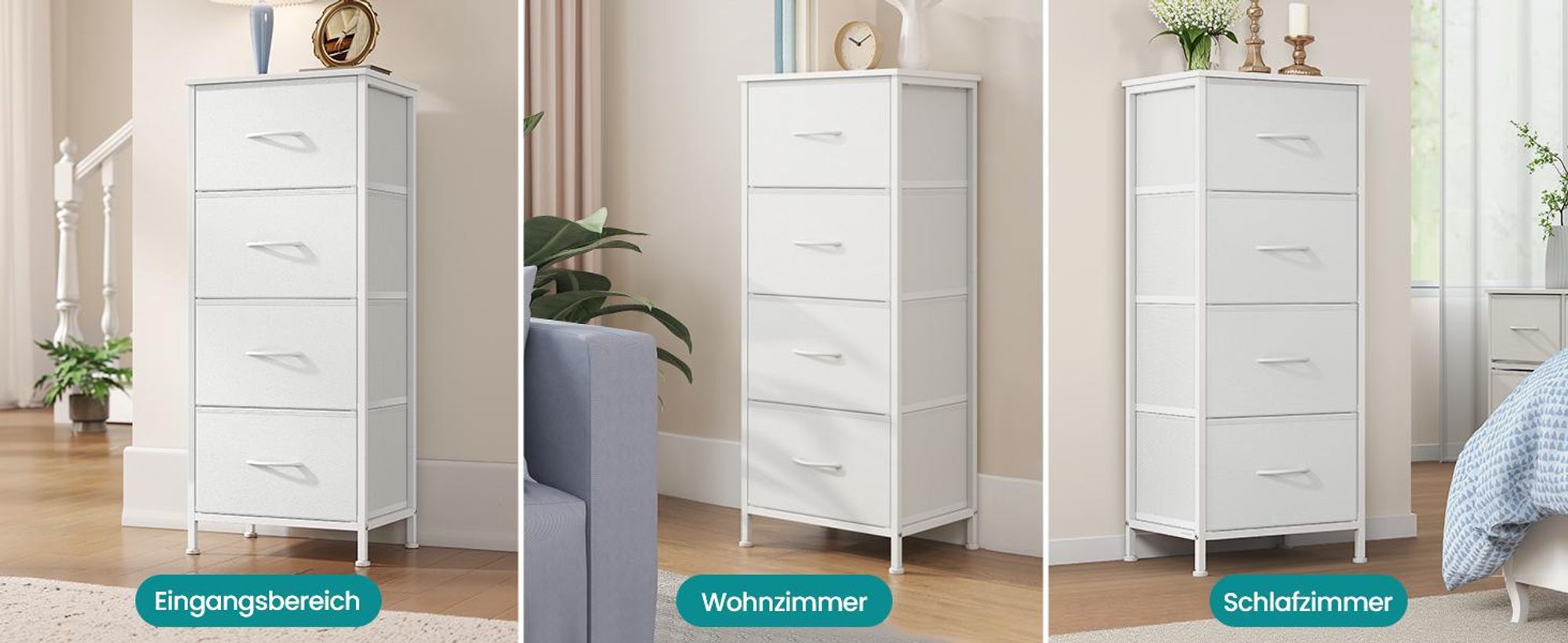 SONGMICS Kommode, Schrank, 4 Stoffschubladen, für Schlafzimmer, Flur, Wohnzimmer, weiß