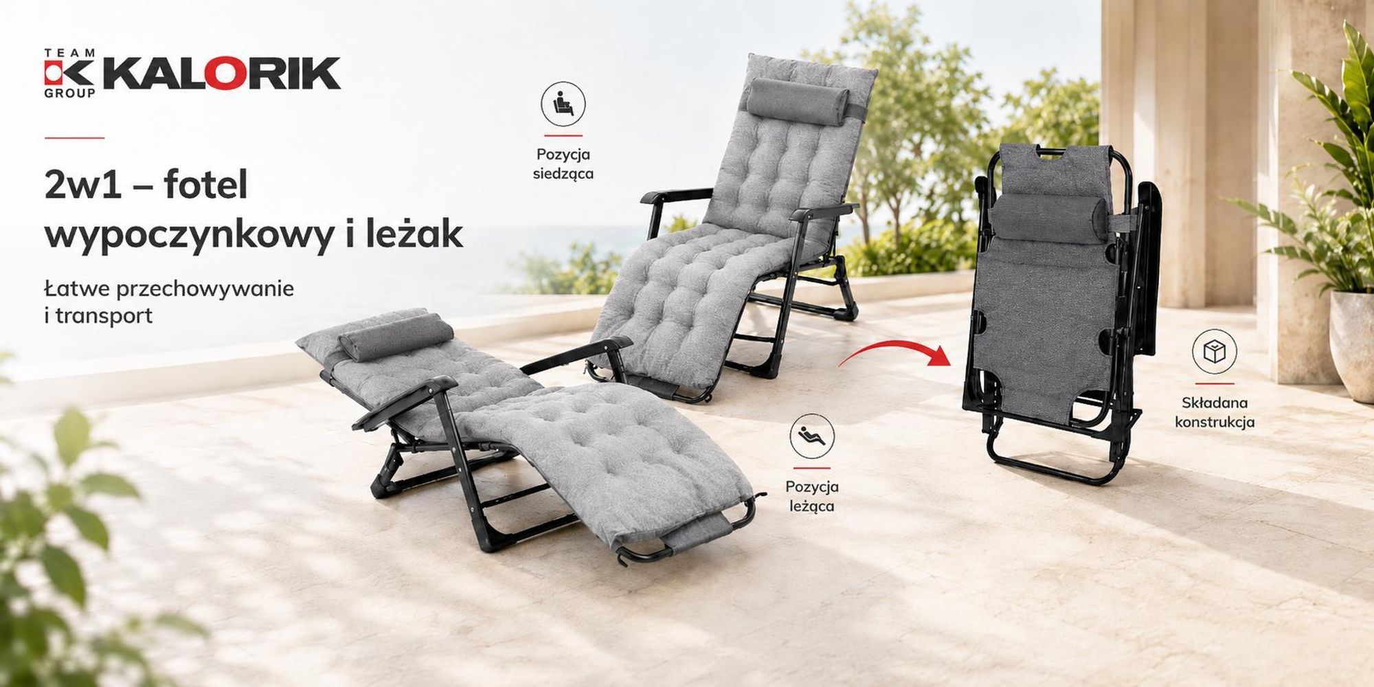 Leżak Ogrodowy Składany Fotel Rozkładany Krzesło Balkonowe 2W1 Z Poduszką