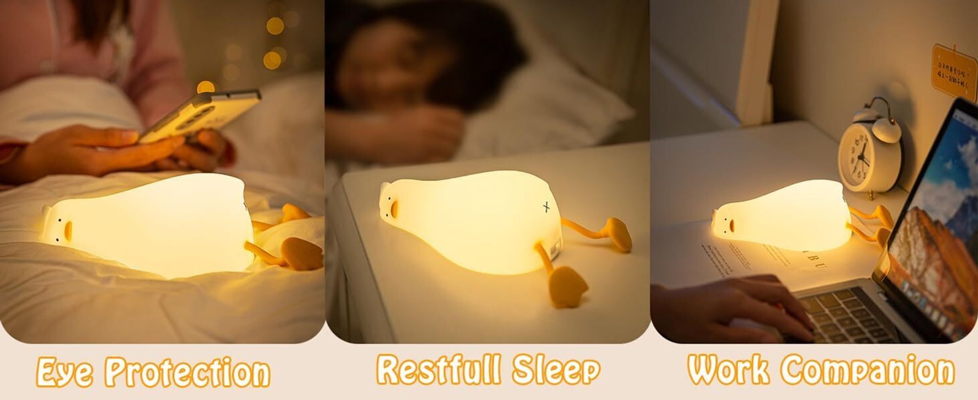 Suesse Ente Nachtlicht Warmweisses Nachtlicht mit Beruehrungssensor 3 Lichthelligkeit Weiches Silikon Tier Nachtlampe Handyhalter Nachtbegleiter