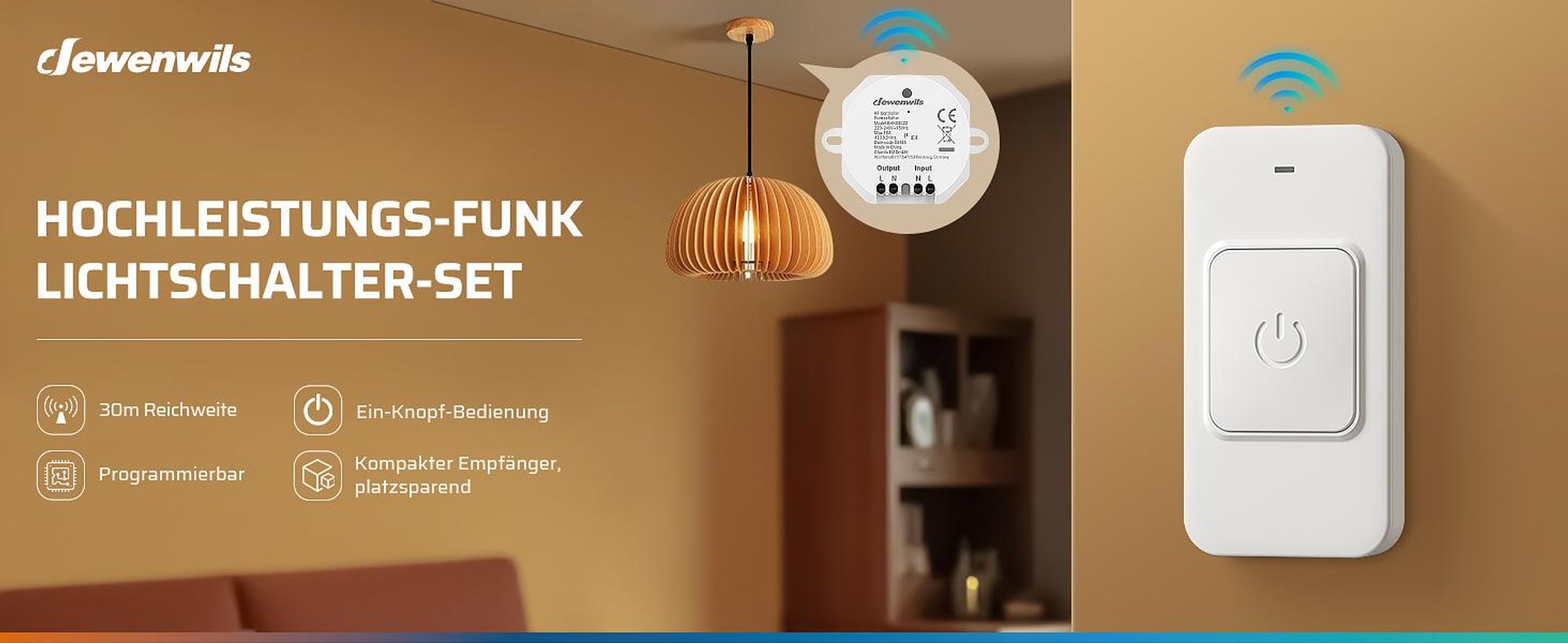 DEWENWILS Funk-Lichtschalter Set 230 V, magnetischer Funkschalter mit Empfänger, drahtlos, Reichweite bis 30 m, erweiterbar, 2300 W