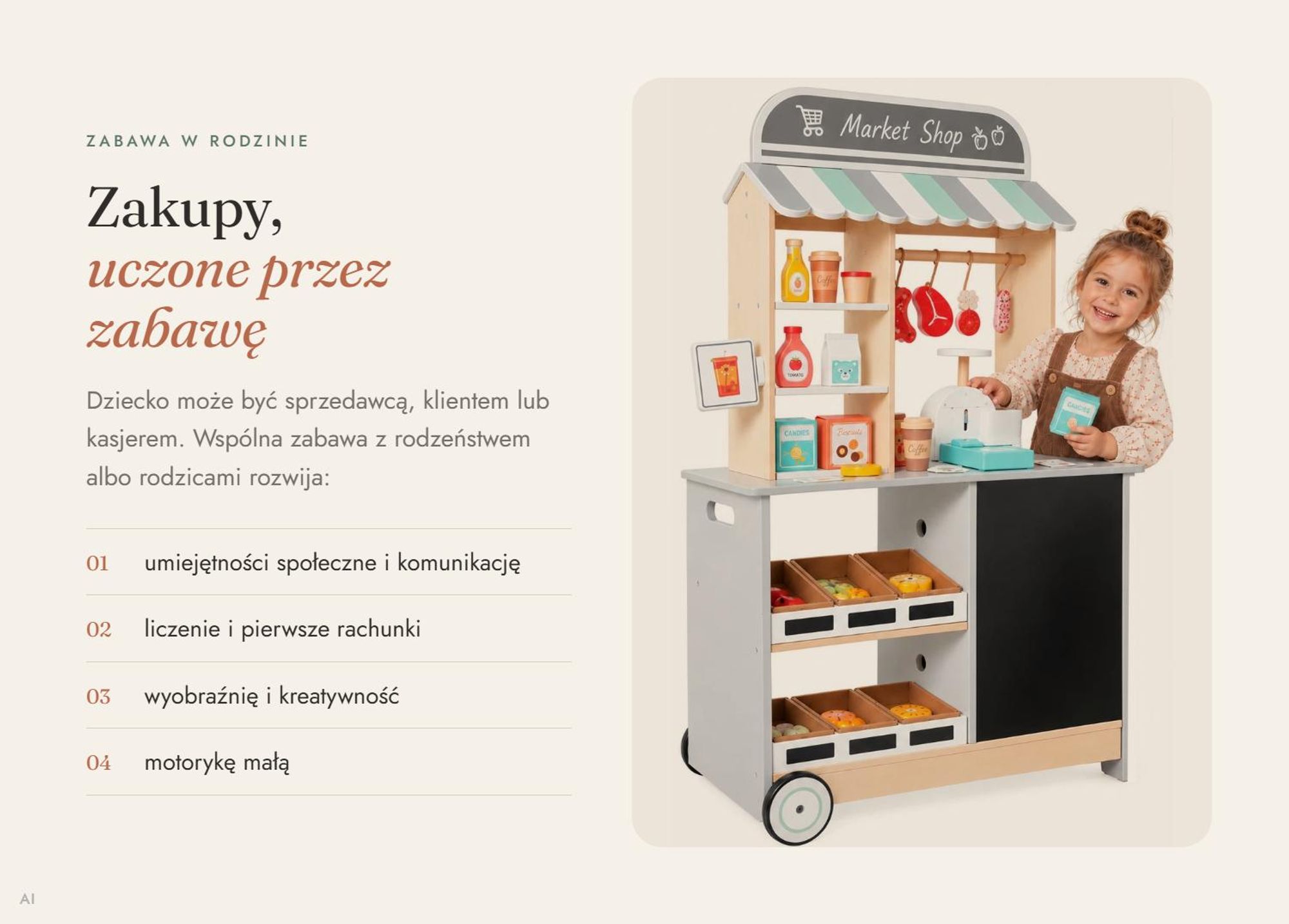 Duży drewniany sklep dla dzieci stragan z akcesoriami (59 elementów) do zabawy - warzywniak supermarket XXL