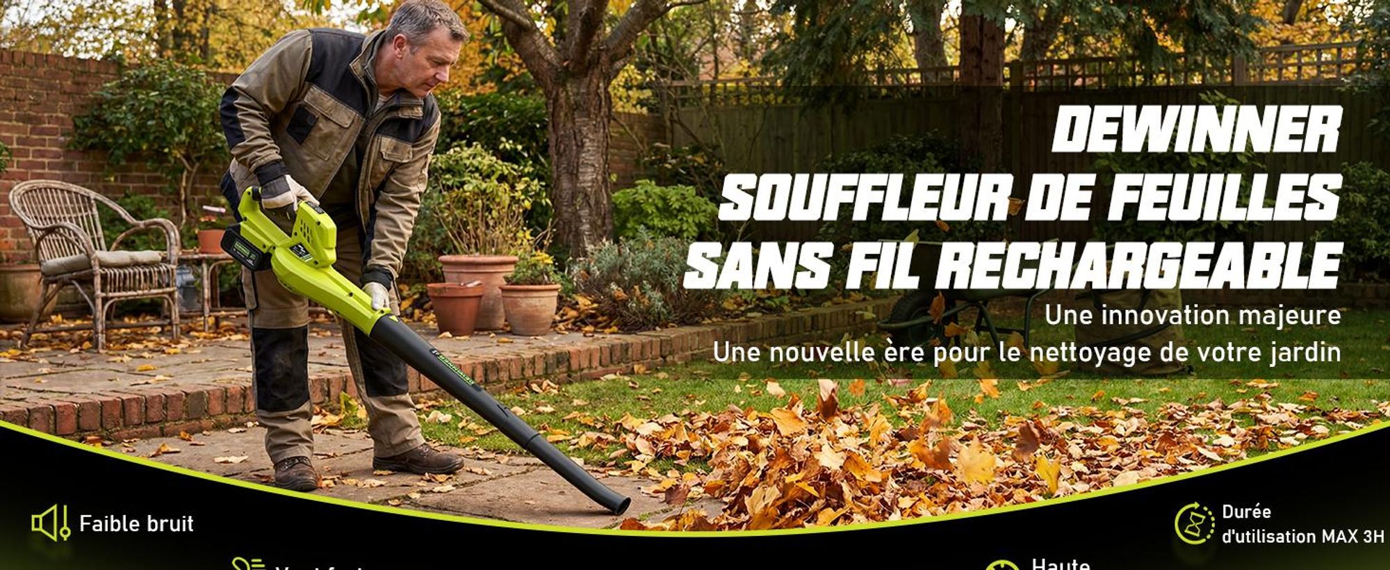 DEWINNER Souffleur de Feuilles sans Fil, 2 Batteries 4.0Ah, 210 km/h, 6 Vitesses Réglables, 2 Tubes Démontables, Kit Complet, Professionnel Jardin