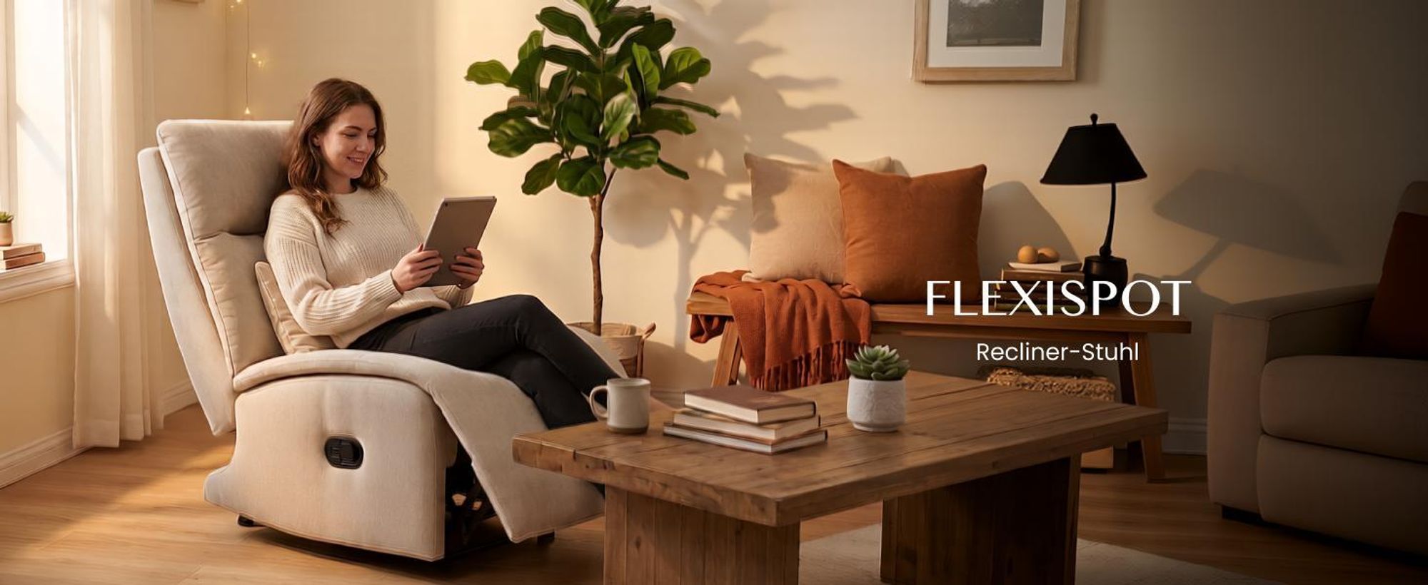 FLEXISPOT HomeEase Relaxsessel mit Schaukelfunktion, 3-fach Liegefunktion, Lendenkissen & Fußstütze, Seitentasche, für Stillzeit, Wohnzimmer, Beige
