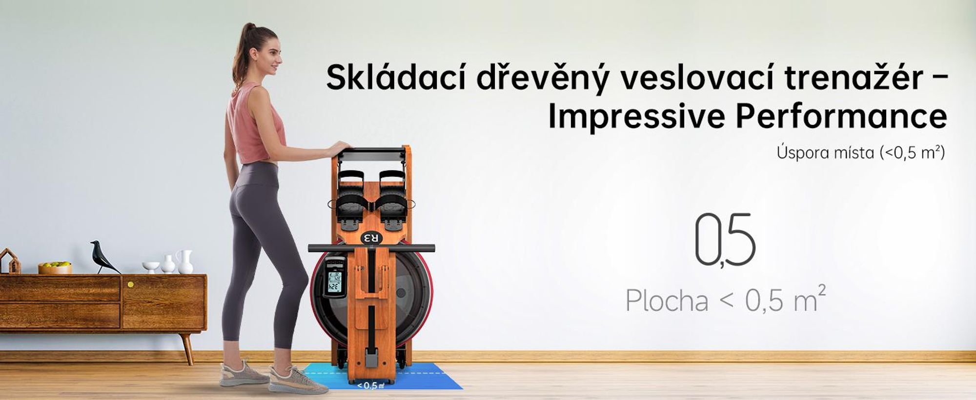 JASPORT R3 skládací veslovací trenažér z ho dubového dřeva s vodním odporem, Bluetooth, LCD, Kinomap, 28 l, do 150 kg – Cherry