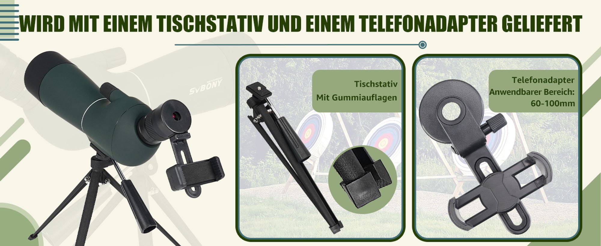 Svbony SV28PLUS Spektiv mit Stativ, 20-60x60mm BAK4 FMC Objektiv, Wasserdicht Beschlagfrei, mit Handy Telefonadapter, für Vogelbeobachtung, Zielschießen, Bogenschießen