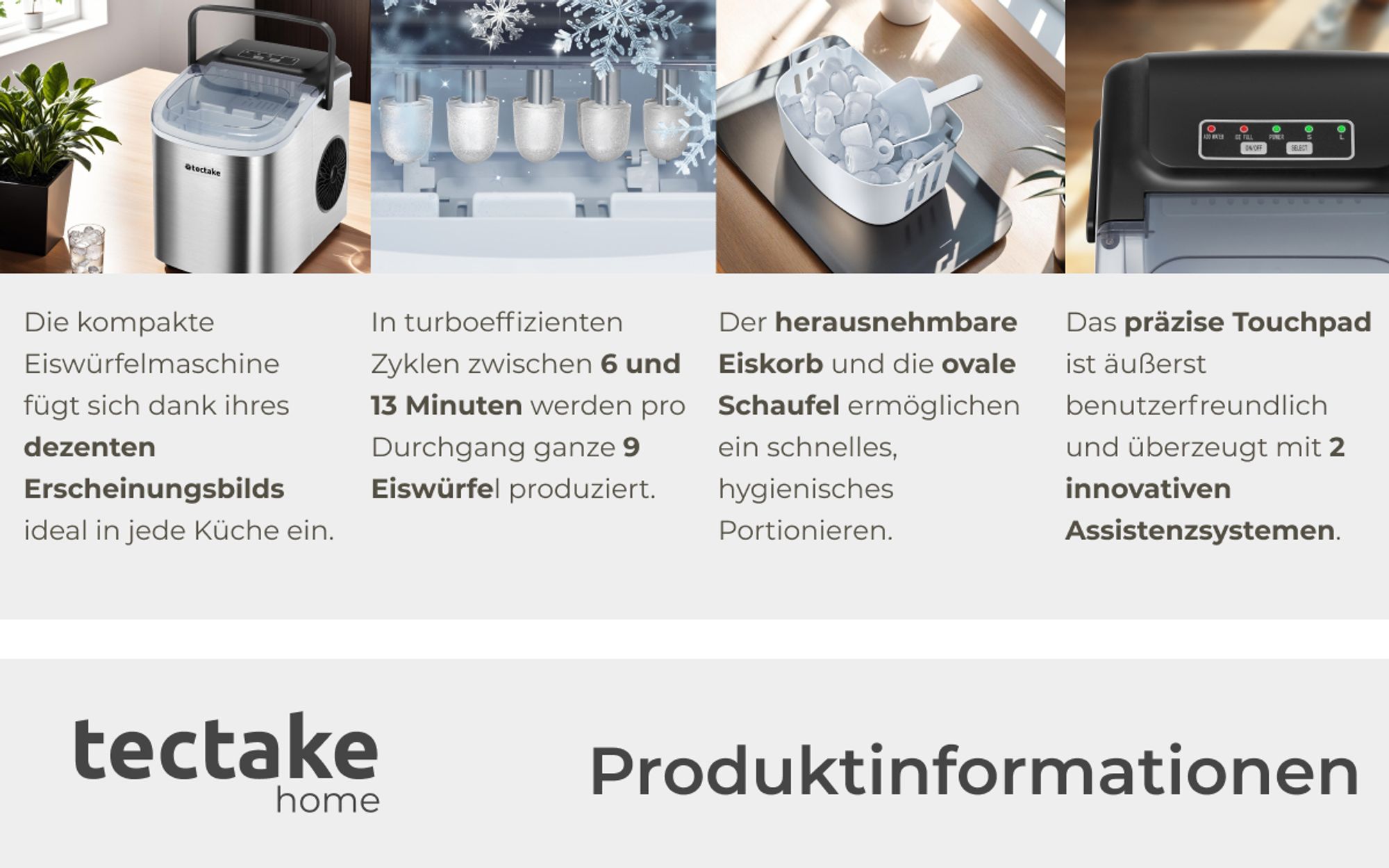 tectake® Eiswürfelmaschine Arctic 1,2 l Wassertank, 2 Eiswürfelgrößen
