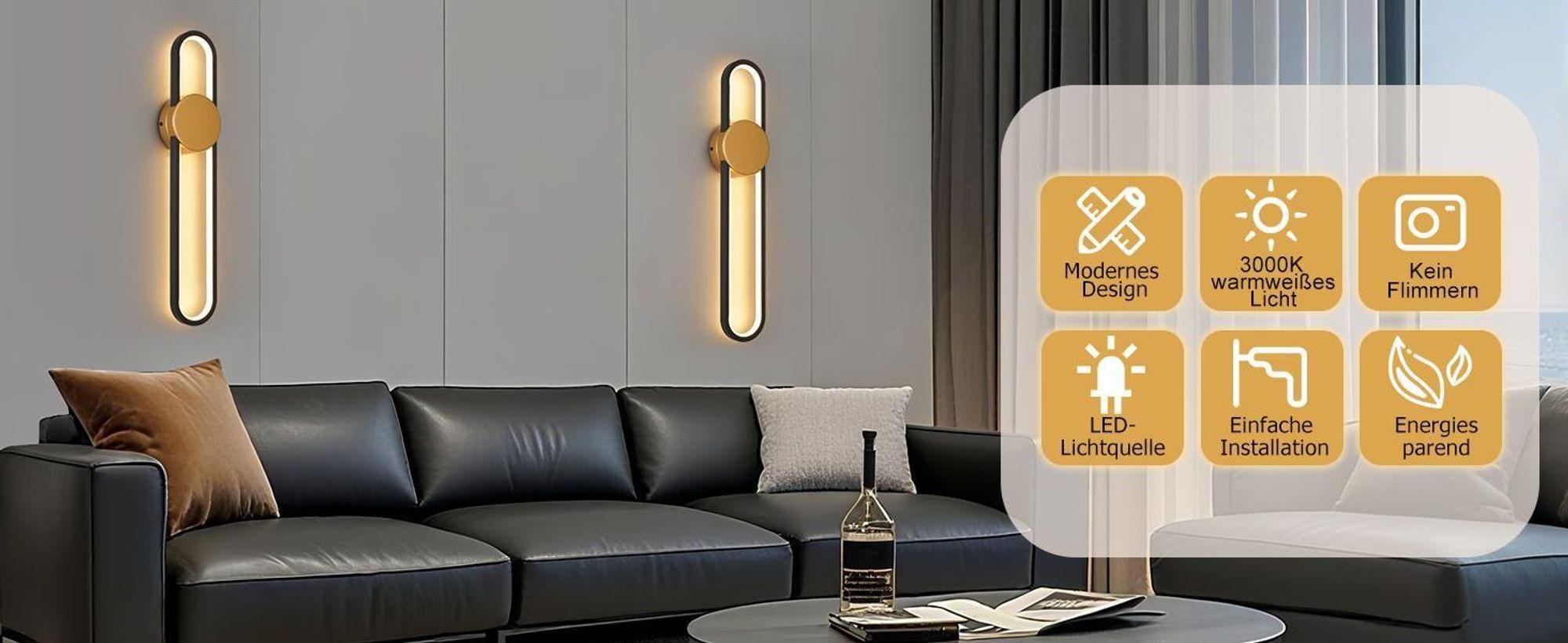 ZMH Wandlamp LED, wandlamp voor binnen, 12W, traplamp, 60cm, goud, hal-lamp, modern design, 3000K, warm wit, minimalistische wandverlichting voor slaapkamer, woonkamer, hal, trap, keuken