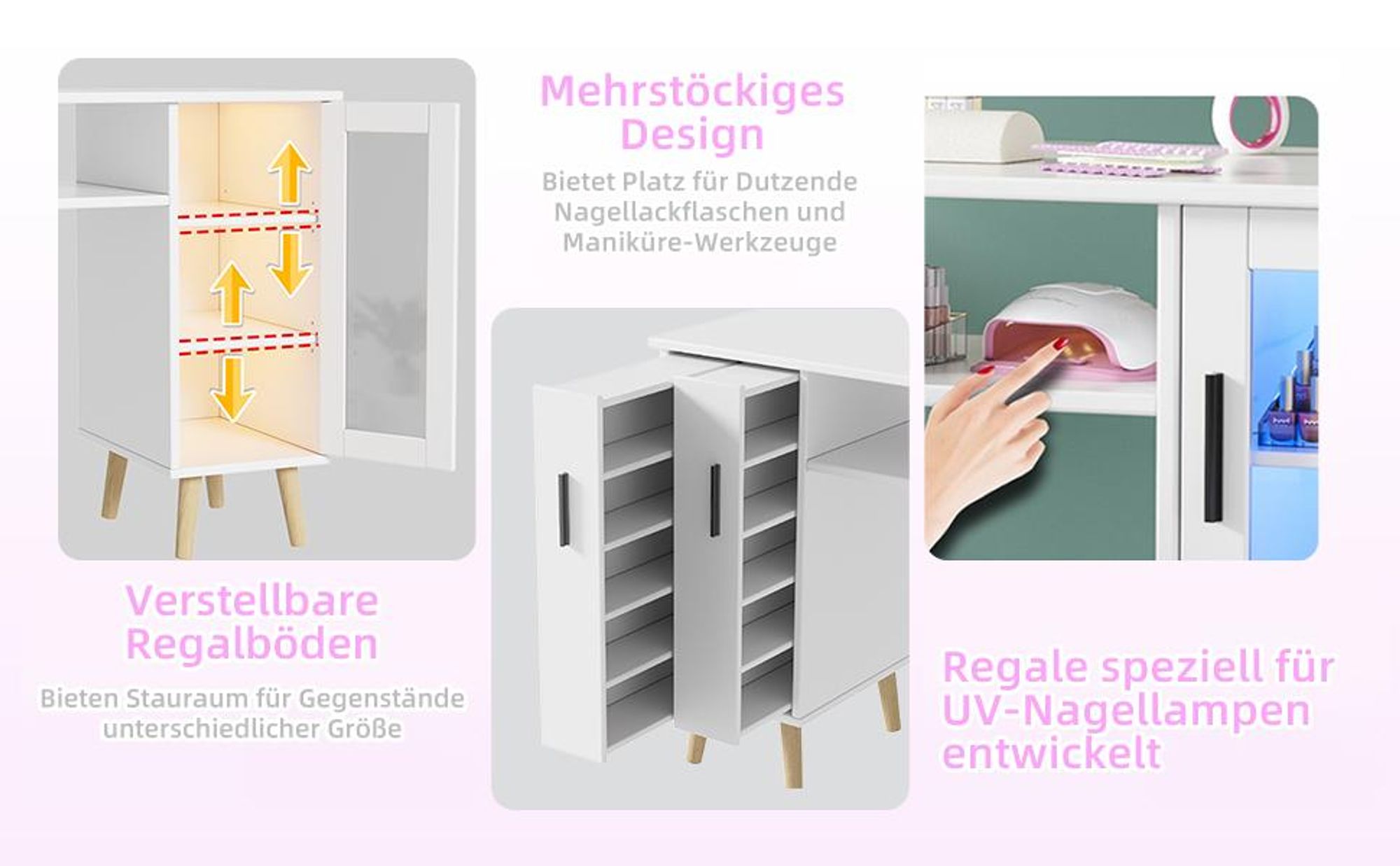 TWSOUL Arbeitstisch Nageltisch mit LED-Beleuchtung – Maniküretisch aus Holz mit 2 Auszugsschränken, 3-stufigem Regalschrank