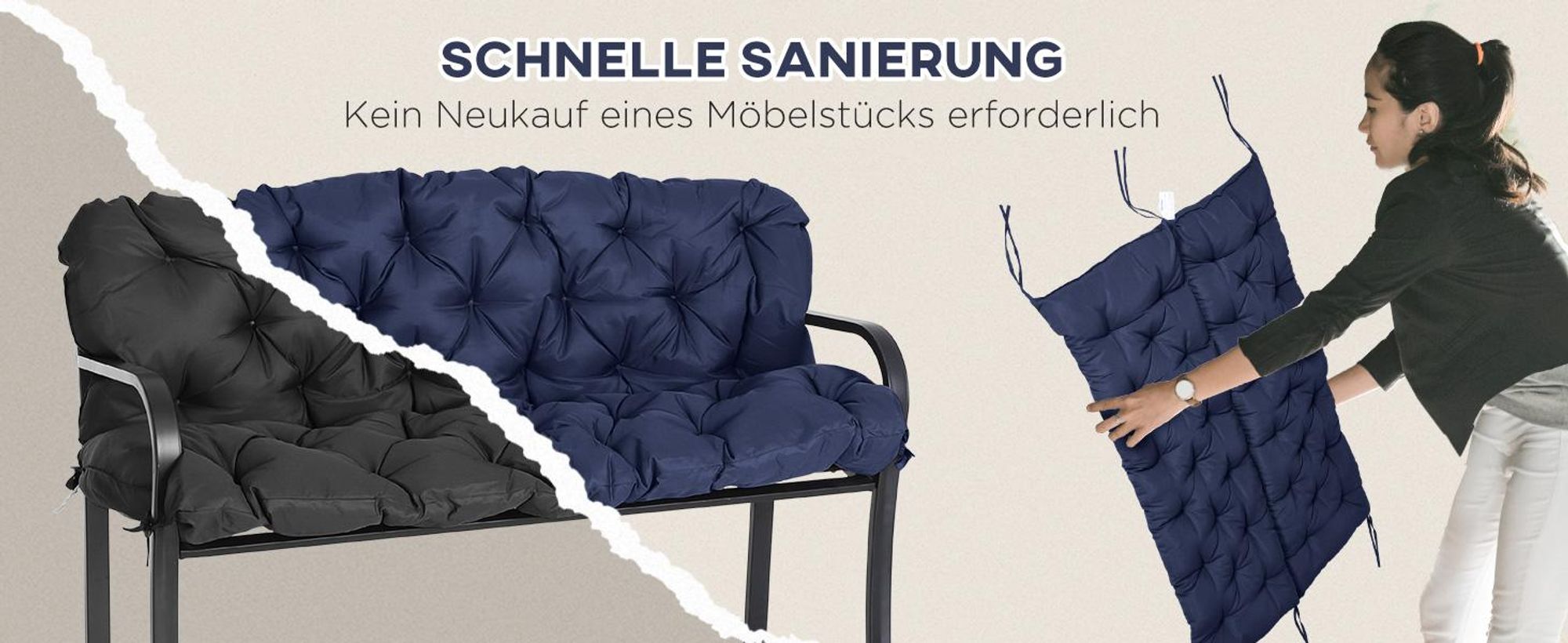 Outsunny 3 Sitzer Bankauflage 150x98x8 cm, Bankkissen mit Bändern, Sitzkissen, Outdoor/Indoor Stuhlkissen, Sitzauflage, Sitzpolster für Gartenmöbel, Fensterbank Sitzbank, Hollywoodschaukel, Dunkelblau