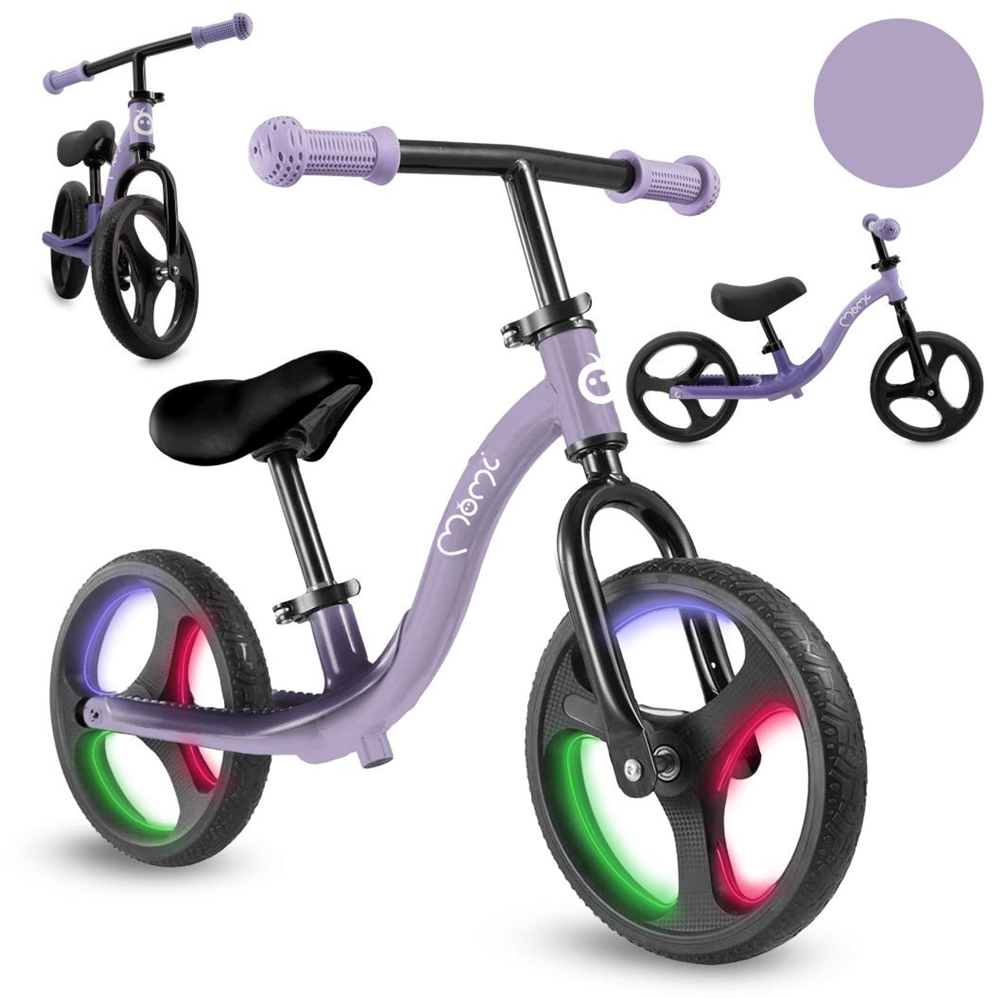 MoMi ISOKA – 10 Zoll Laufrad mit LED-Leuchten (Dynamo), höhenverstellbar ohne Werkzeug, mit Fußstütze, ab 2 Jahren, bis 35 kg – Lila