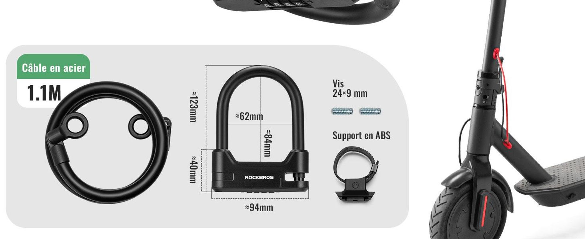 ROCKBROS Candado en U Antirrobo Para Patinete Eléctrico Código 4 Cifras PVC Alta Seguridad Para E-scooter Moto Skateboard