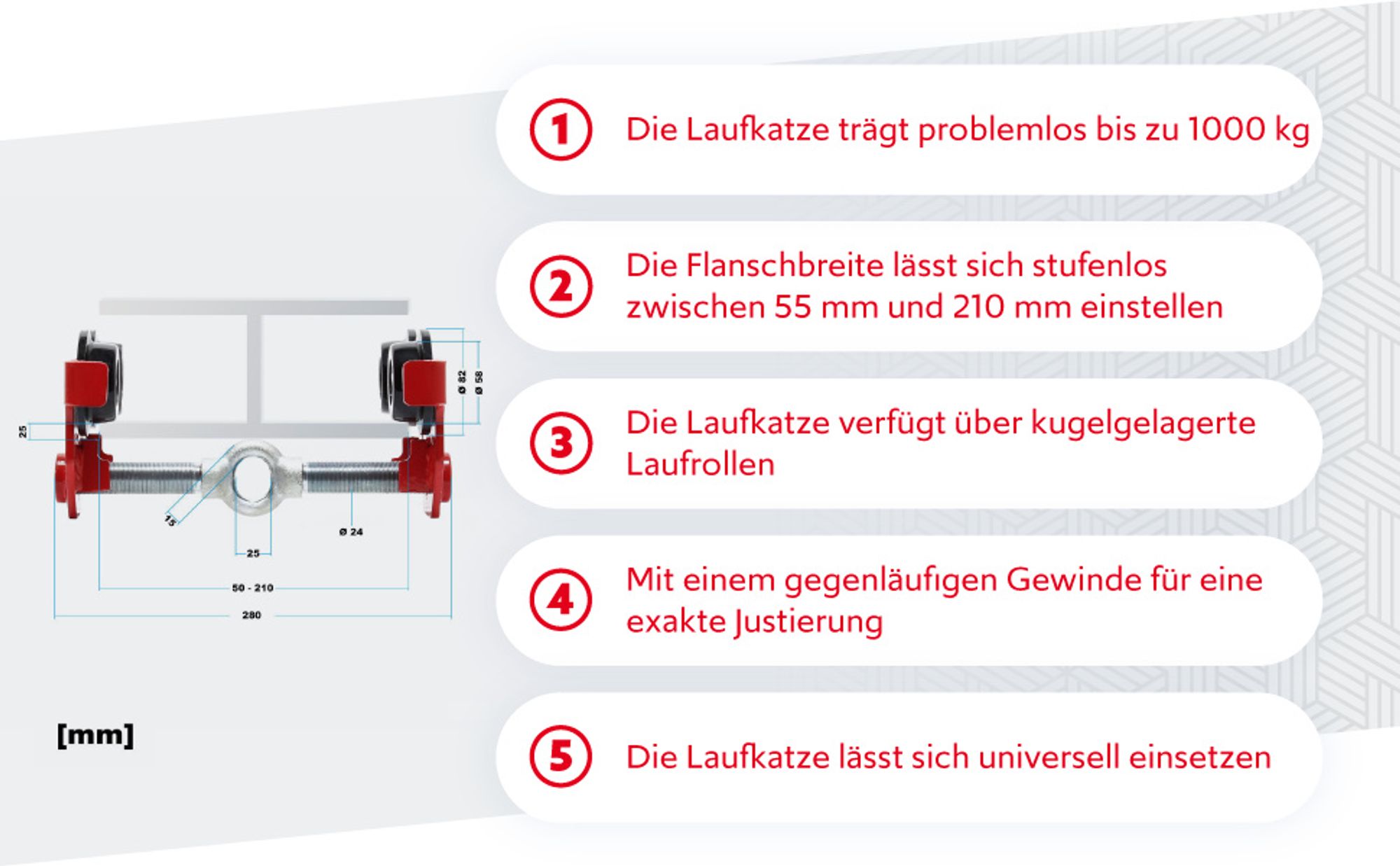 Wiltec Laufkatze bis 1000 kg, 55-210 mm Flanschbreite, Handfahrwerk für Kran, Rollfahrwerk stufenlos justierbar