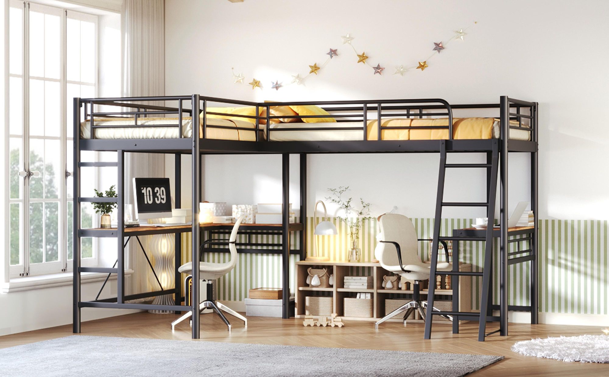 STILVORA Hochbett 90 x 200 Doppelbett Metallbett mit Doppeltreppe,Jugendbett Werkbank und Tisch unter dem Bett,Schwarz(ohne Matratze)