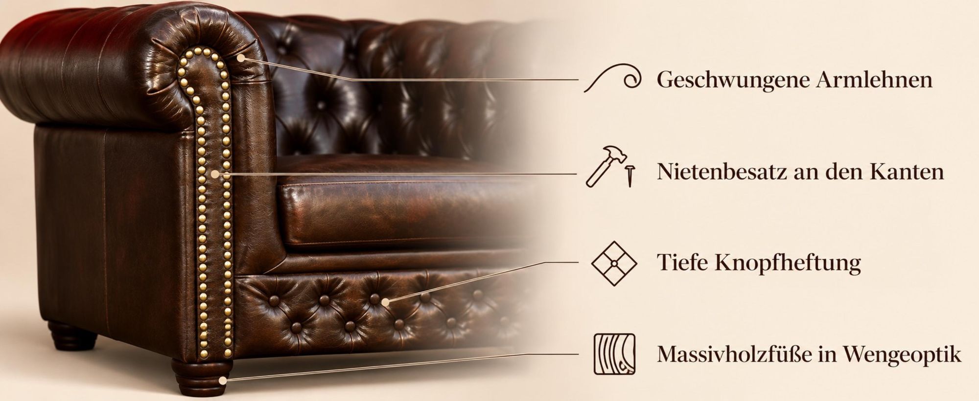 MOEBELHAUS Sessel CHESTERFIELD Lederlook ANTIK-OPTIK dunkelbraun Nietenbesatz Knopfheftung Massivholzfüße 94x72x86 cm