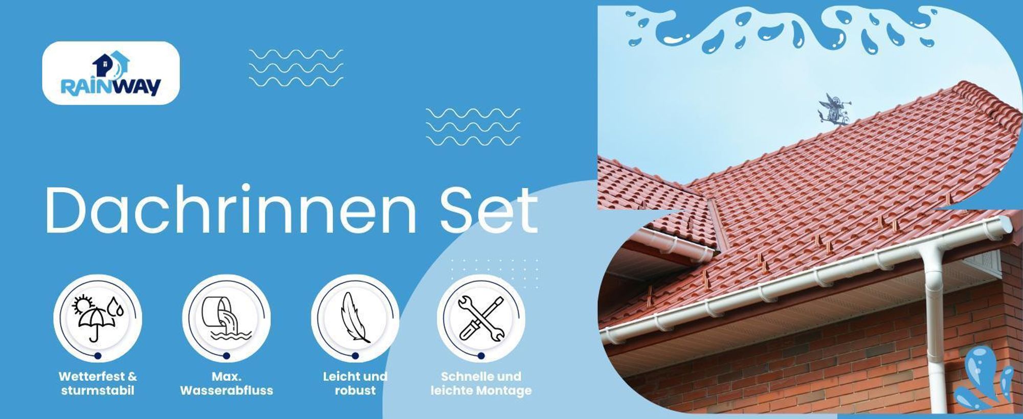 RAINWAY S Regenrinnen Komplettset (1 Dachseite) - PVC-U Kunststoff in 4 Farben, für Dachflächen < 100m² empfohlen (Set min. 6 Meter, braun) Regenrinnen PVC Plastik