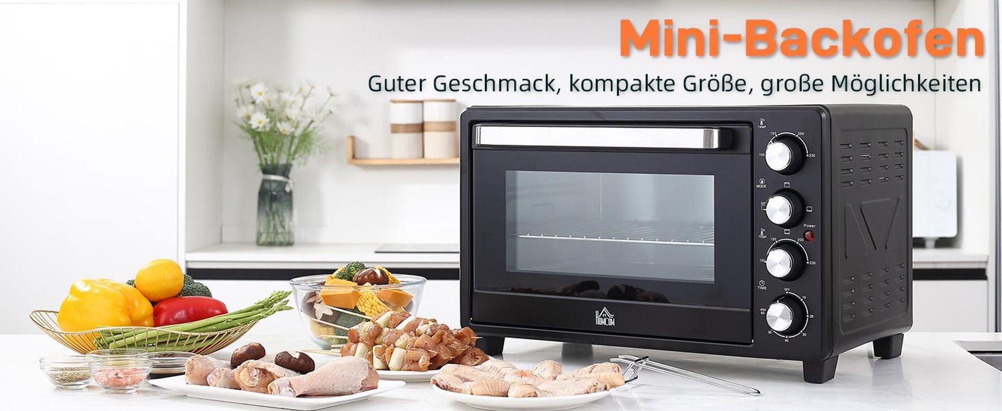 HOMCOM Mini Backofen 32L Mini Ofen mit Grillrost, Backblech, 3 Kochmodi Schwarz