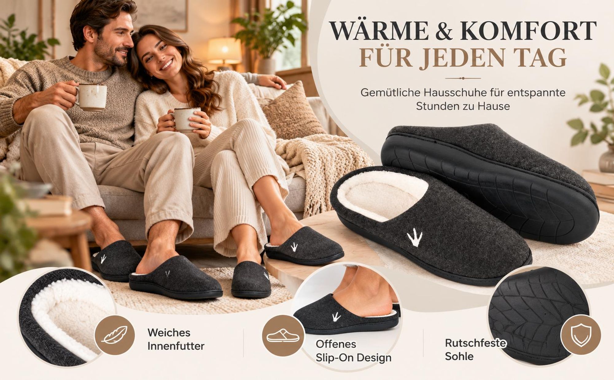 Hausschuhe HEYO Damen Herren Warme Pantoffeln rutschfeste Sohle Gefütterte Winter Pantoletten Memory Foam Schwarz 38/39