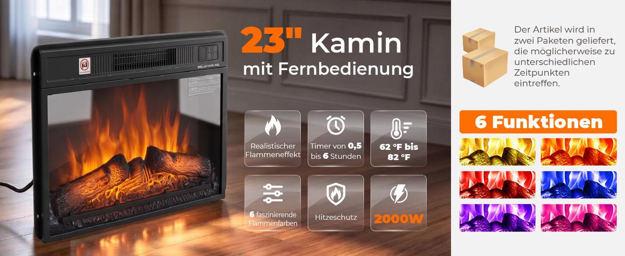 LEADZM Kamin mit LED-Flammen, Elektro Kamin mit Heizung, 1800W Elektrischer Kamin, Sparsamer Kamin Elektrisch, Wandkamin mit Fernbedienung & Timer, Elektrische Kamine mit MDF-Gehäuse,182×30×88cm