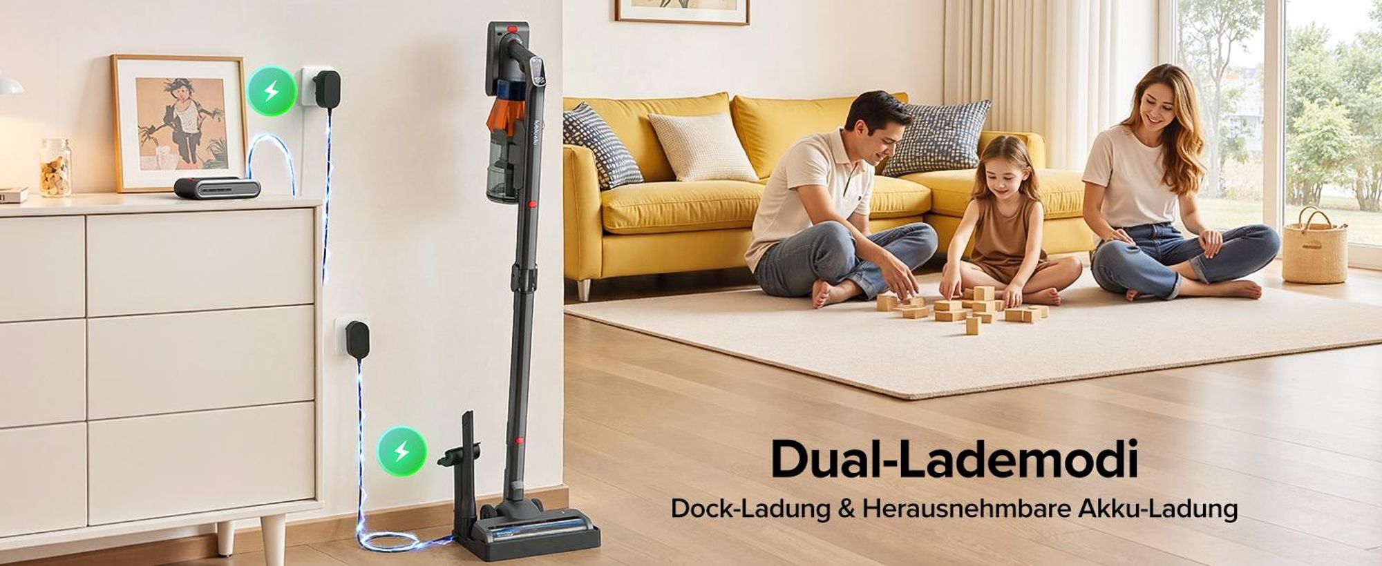 Lubluelu Akku-Staubsauger,85000PA/ 650W/70Min, Staubsauger Kabellos Mit Selbststehendes Design, Flexibles Biegegelenk, Anti-Tangle Bodenbürste,G30